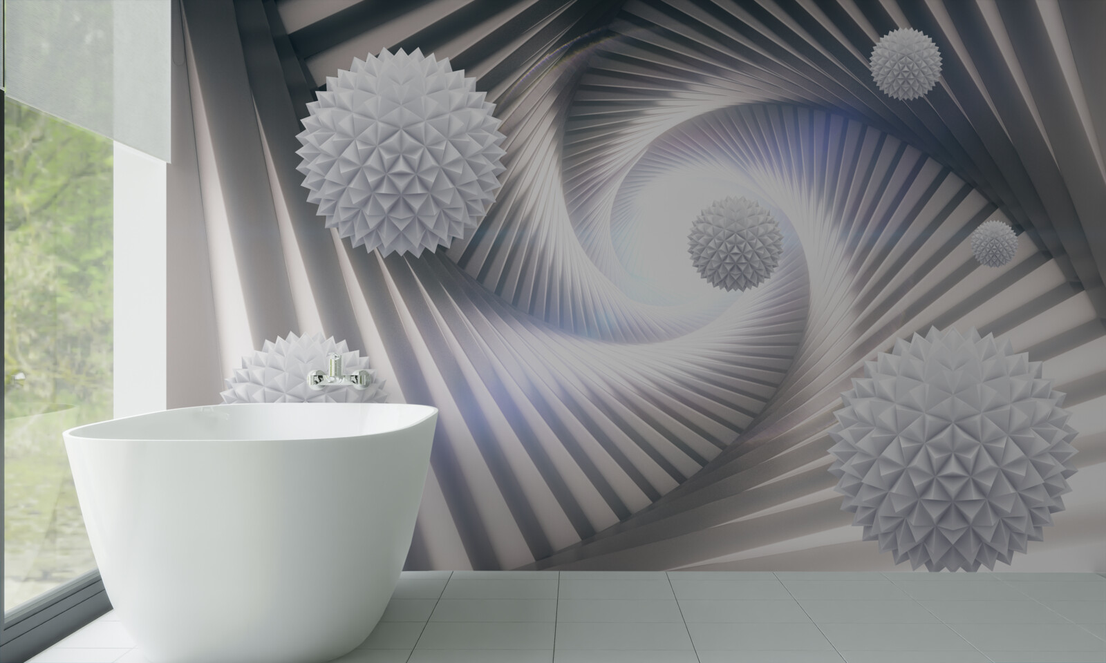 Papier peint boules blanches et spirales abstraites