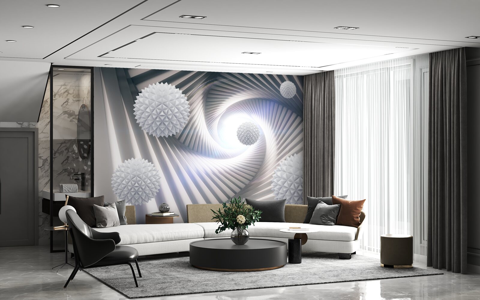 Papier peint boules blanches et spirales abstraites