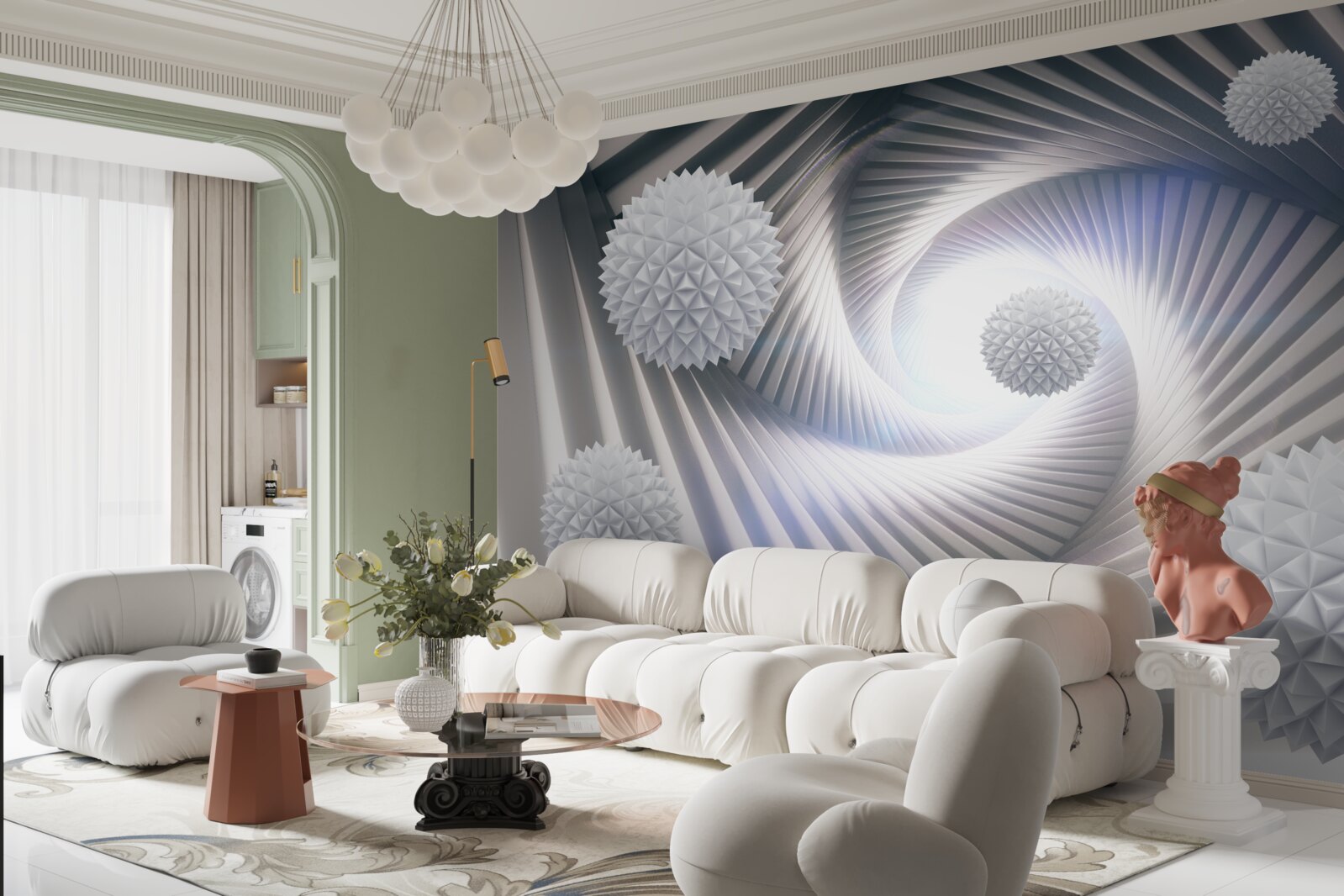 Papier peint boules blanches et spirales abstraites