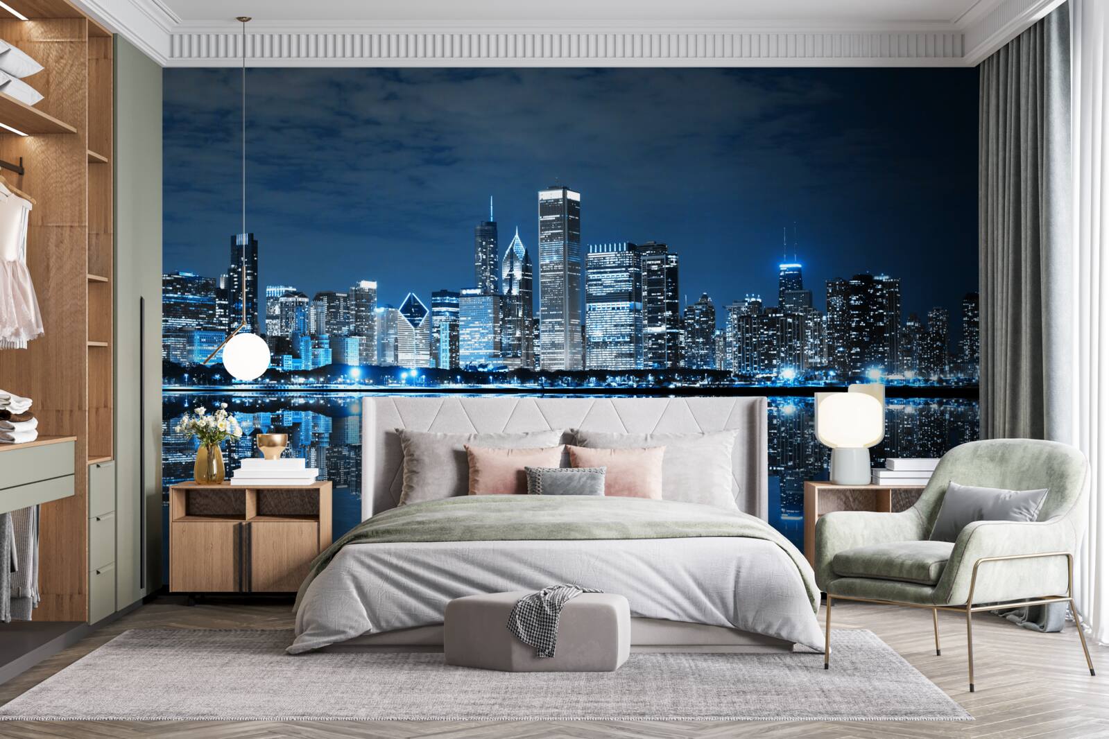 Papier peint l'affichage des lumières nocturnes de la ville dans l'eau