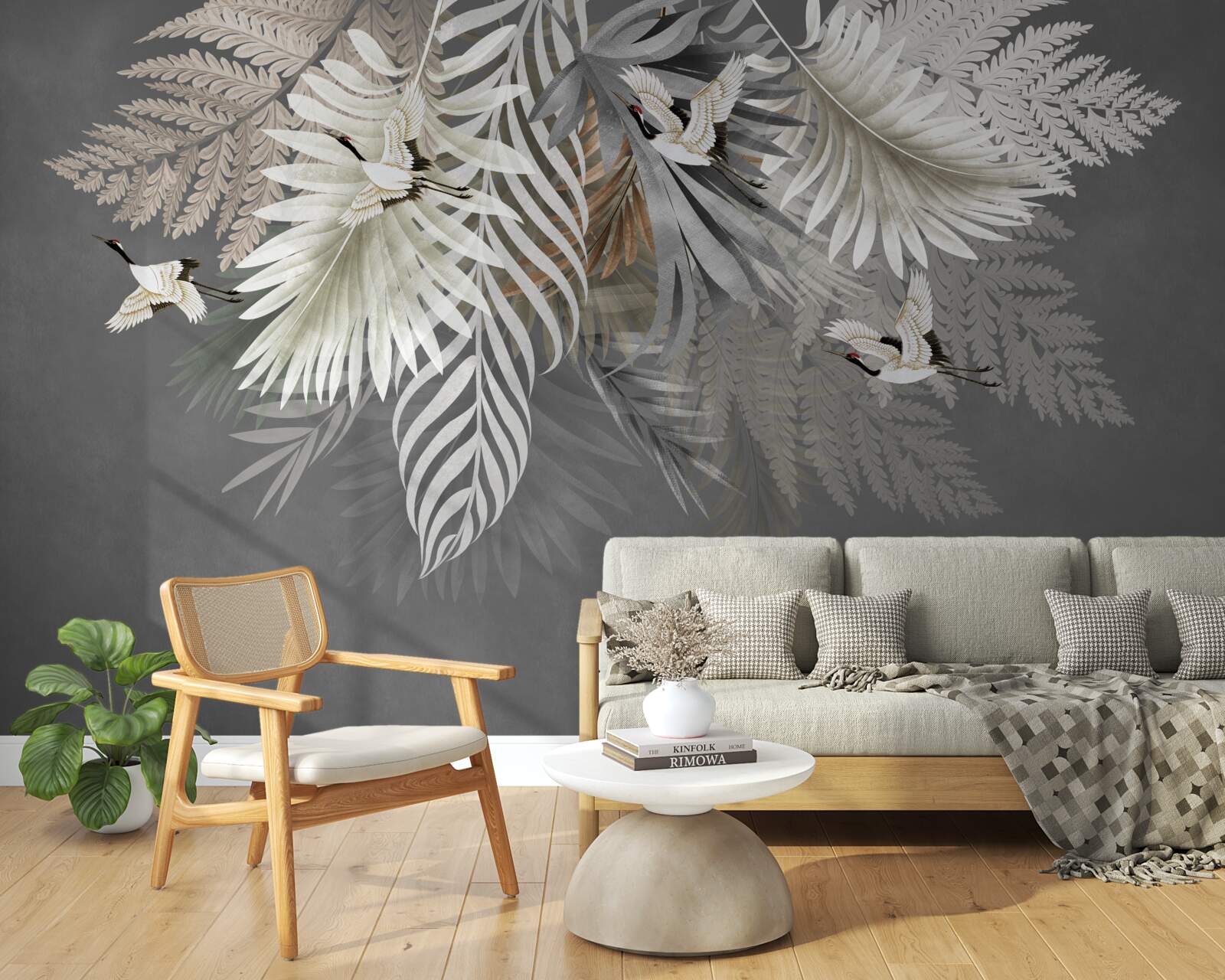 Papier peint de grandes feuilles et des créatures à plumes