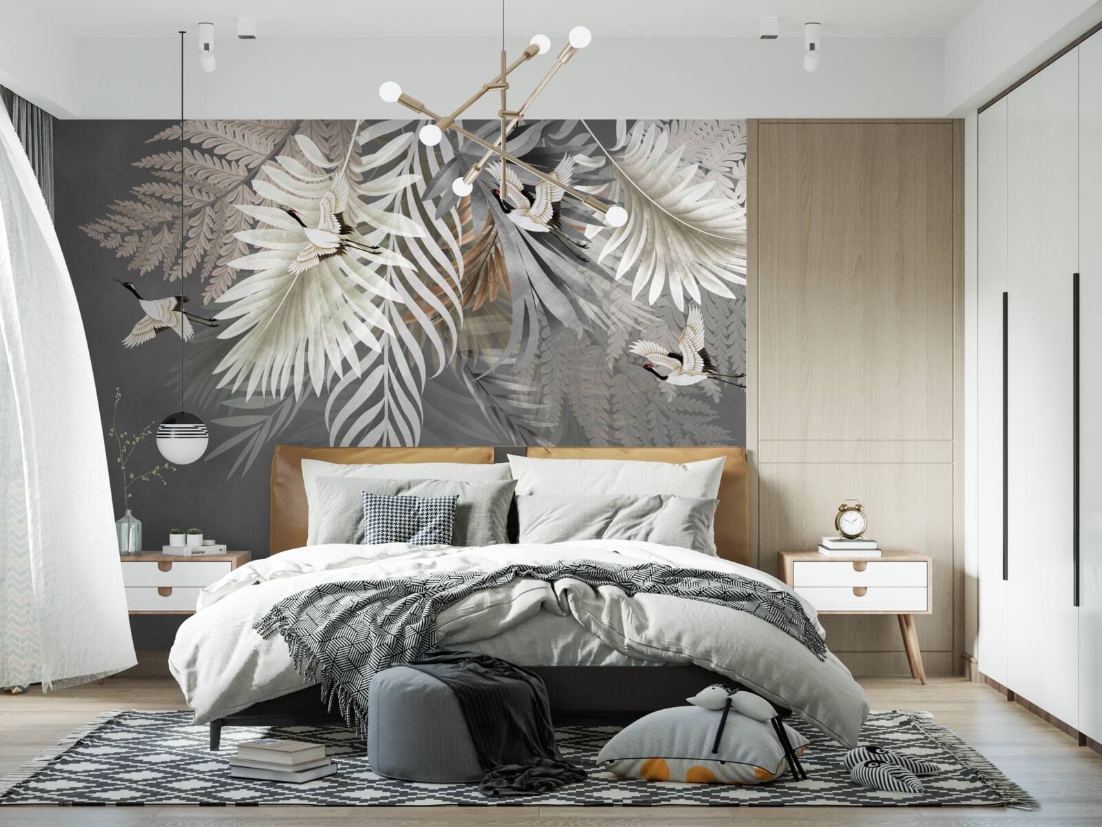 Papier peint de grandes feuilles et des créatures à plumes