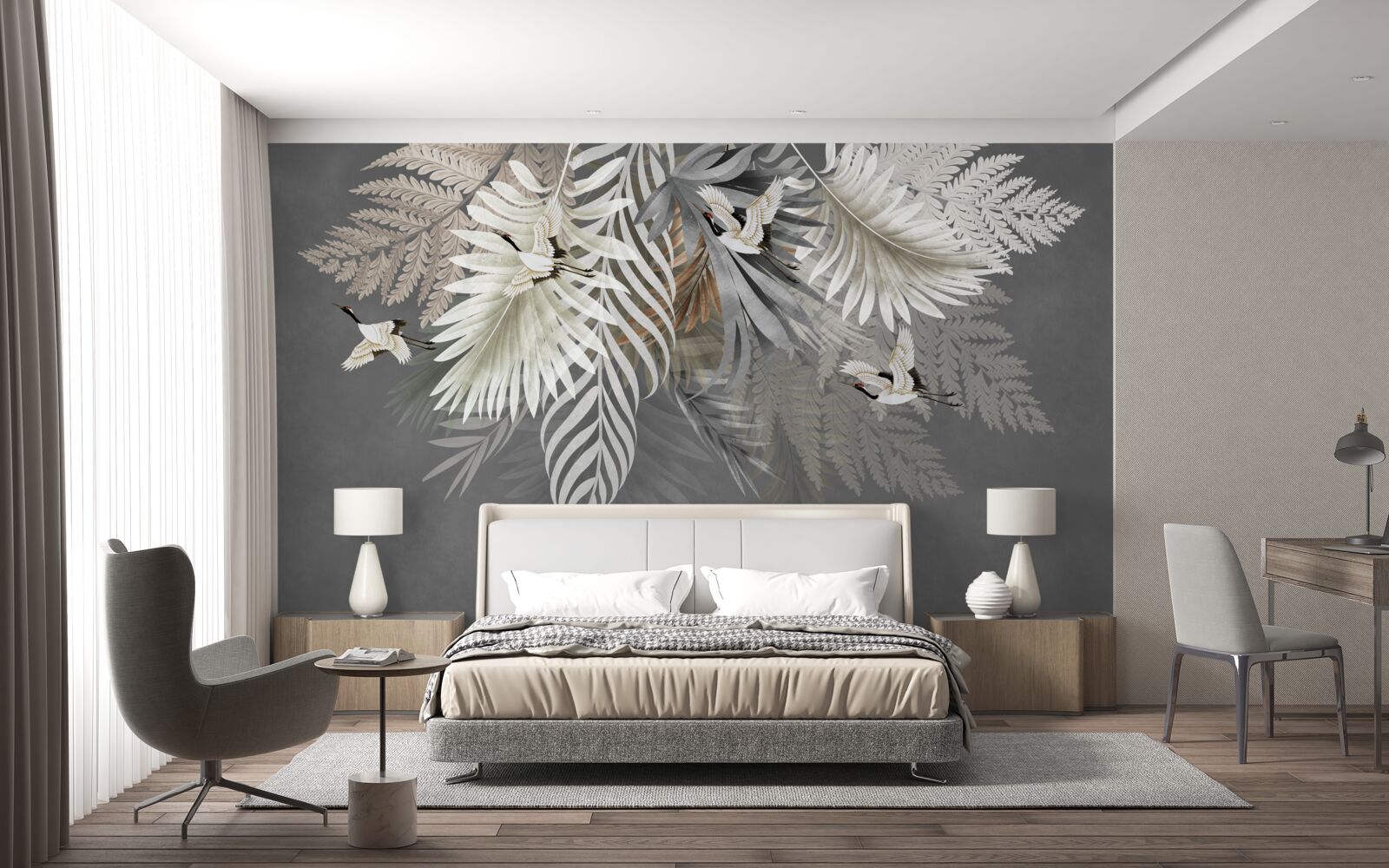 Papier peint de grandes feuilles et des créatures à plumes
