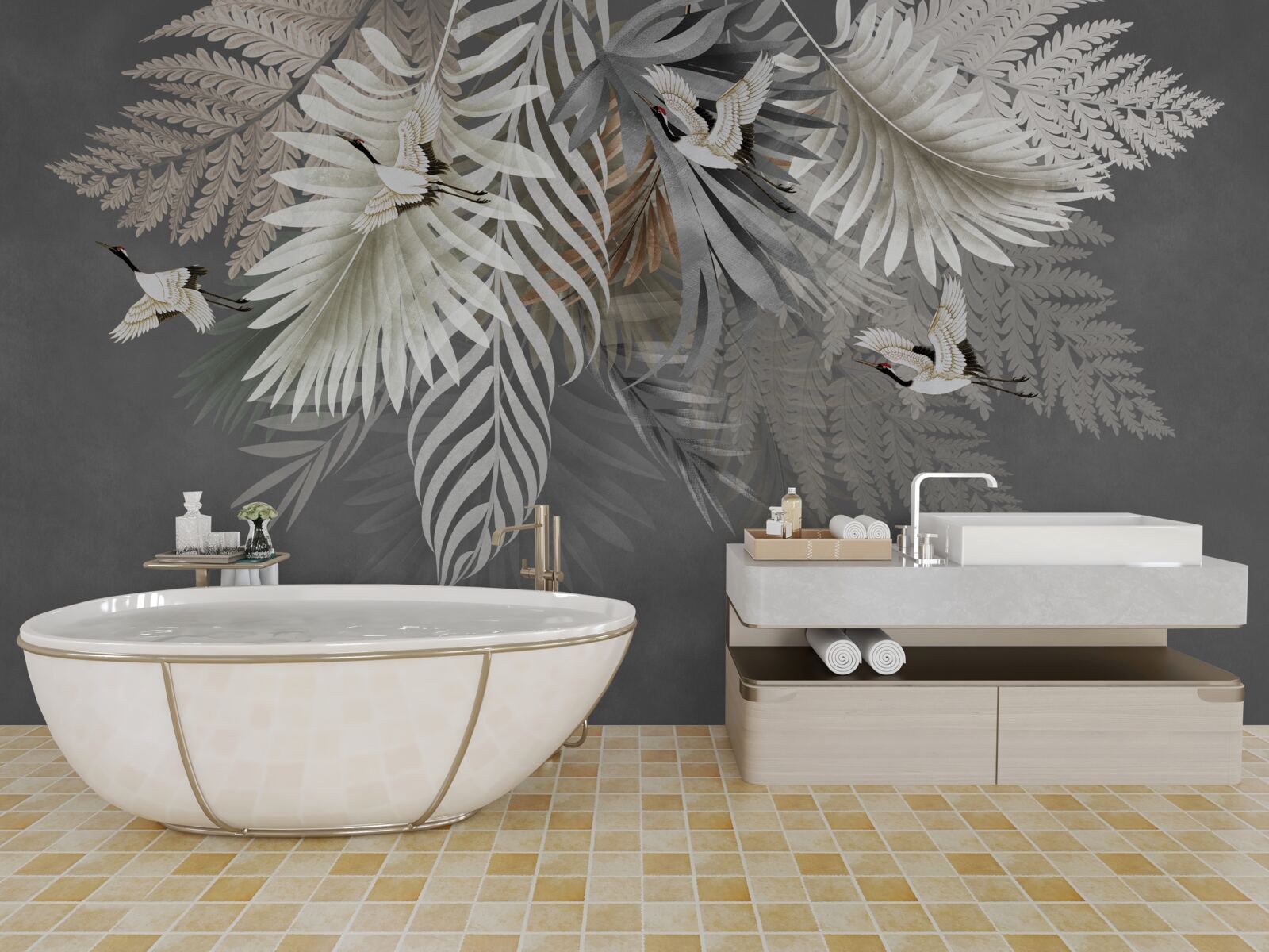 Papier peint de grandes feuilles et des créatures à plumes