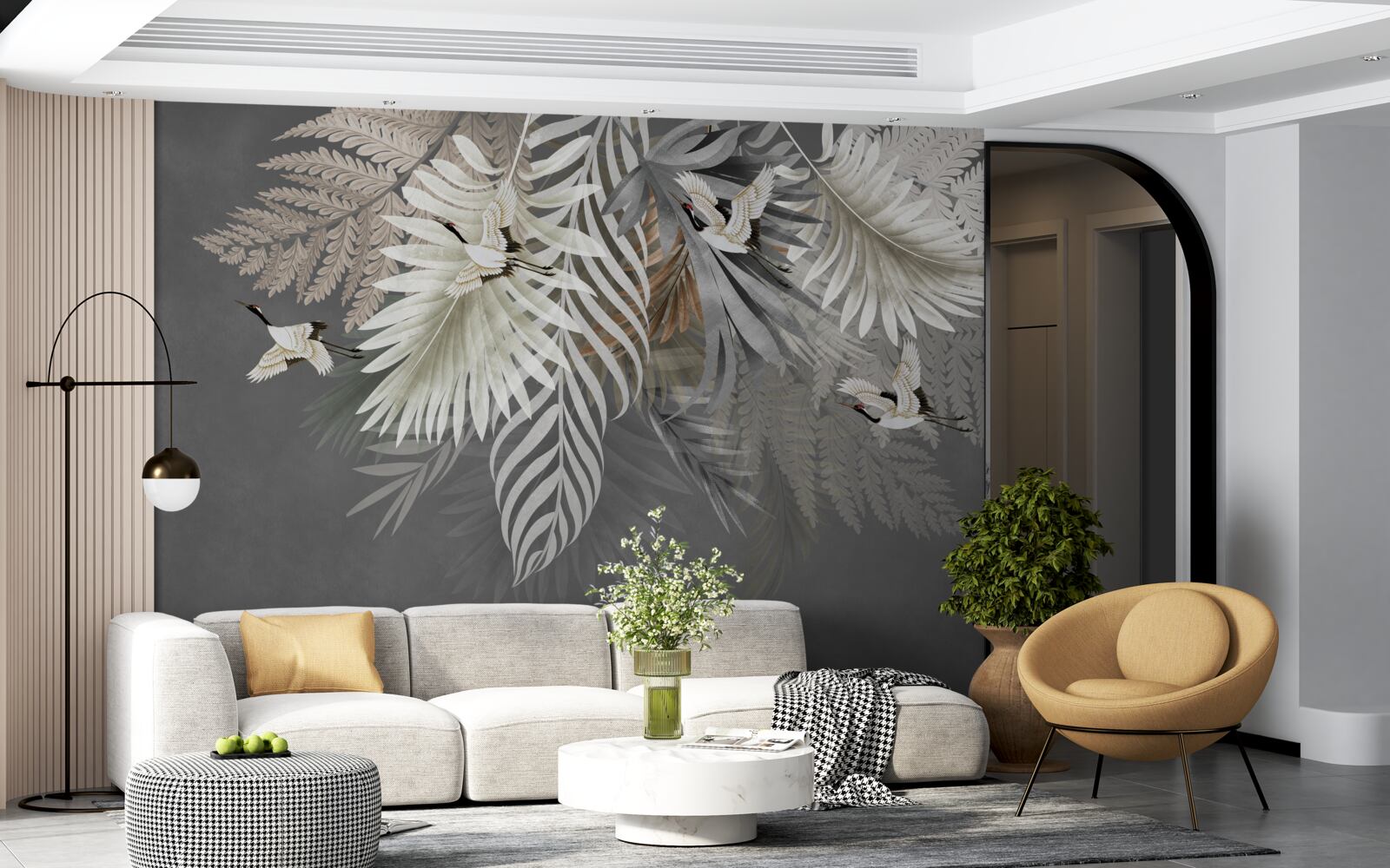 Papier peint de grandes feuilles et des créatures à plumes