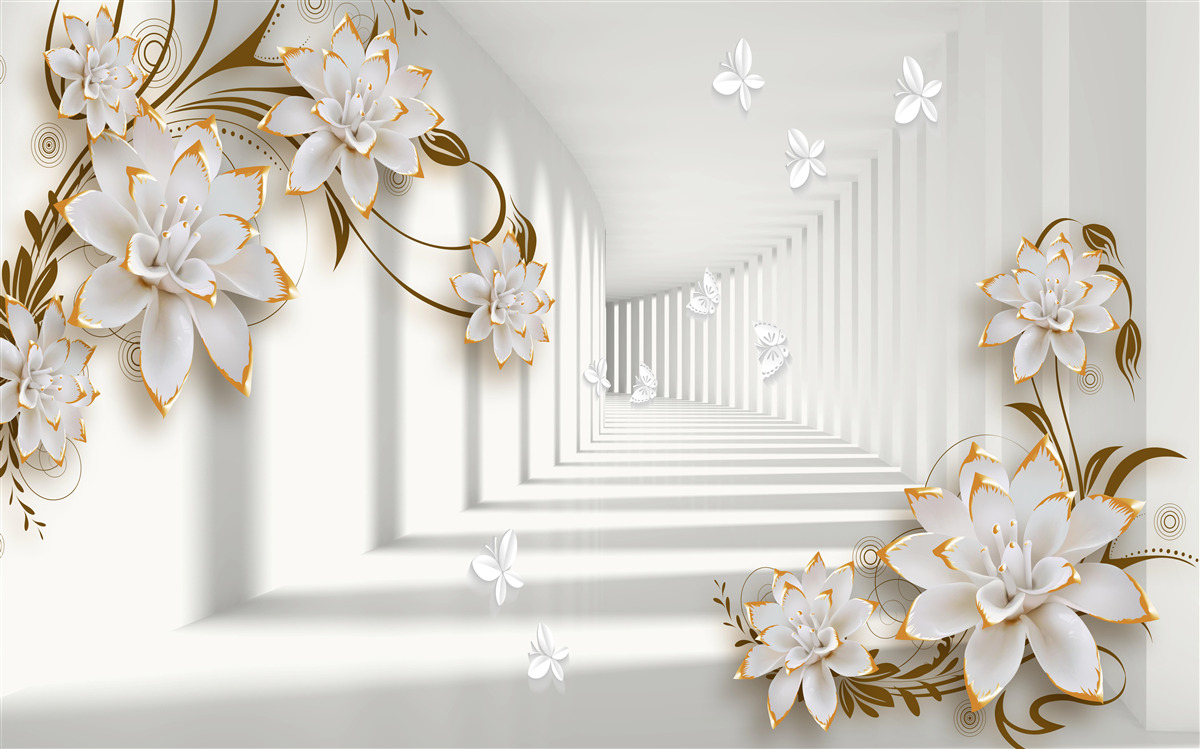 Papier peint élégant couloir dans les tons blancs, décoré de fleurs dorées