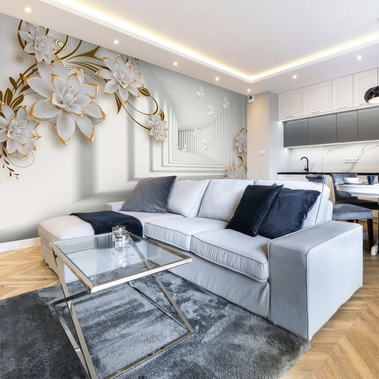 Papier peint élégant couloir dans les tons blancs, décoré de fleurs dorées