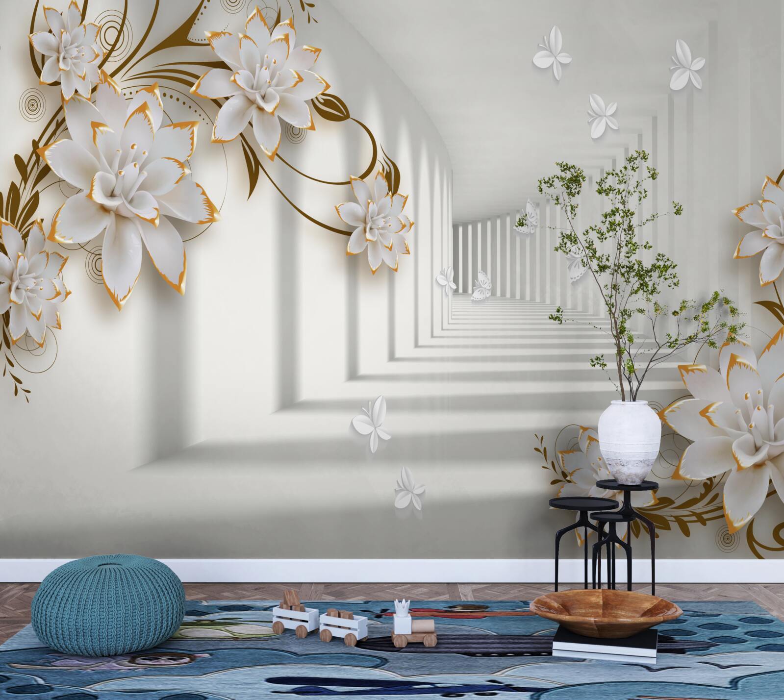 Papier peint élégant couloir dans les tons blancs, décoré de fleurs dorées