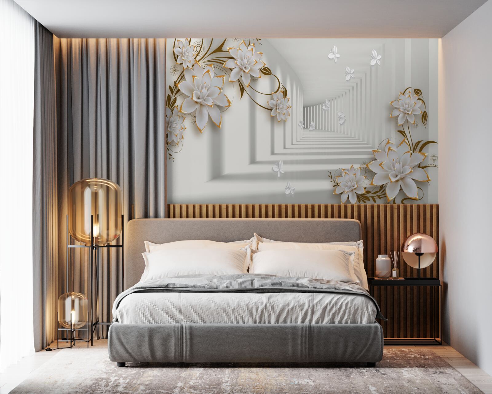 Papier peint élégant couloir dans les tons blancs, décoré de fleurs dorées