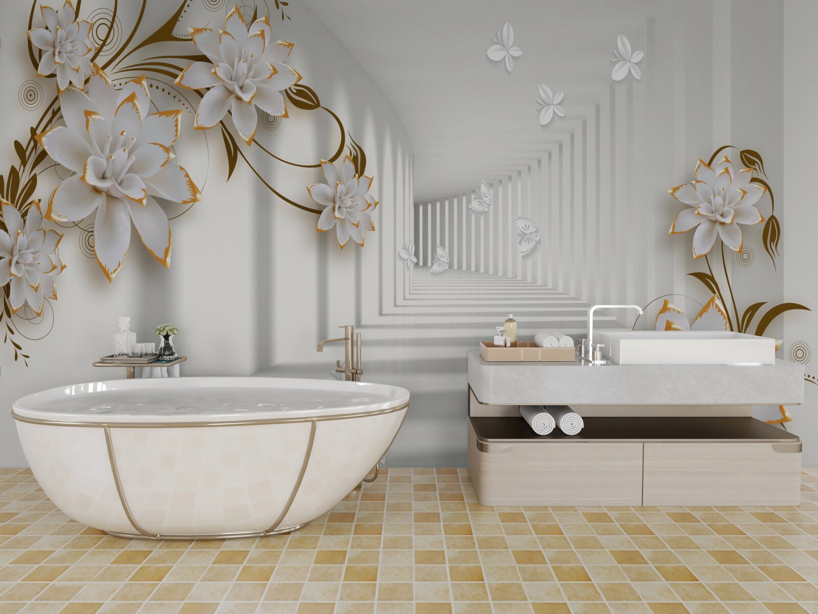 Papier peint élégant couloir dans les tons blancs, décoré de fleurs dorées