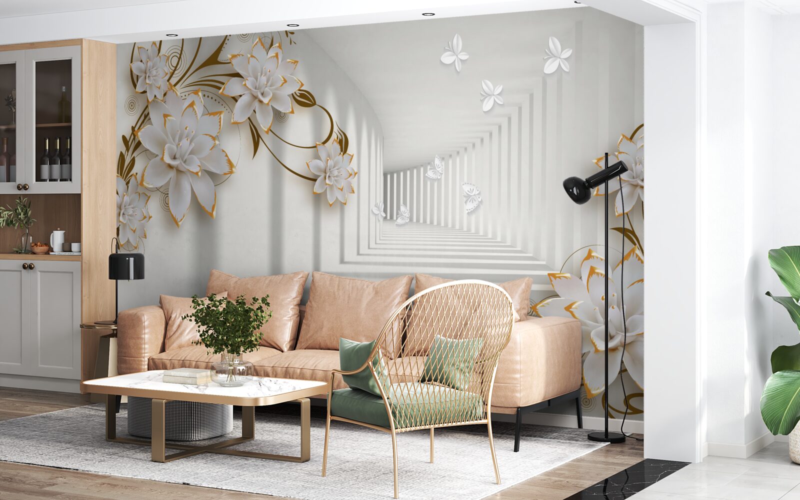 Papier peint élégant couloir dans les tons blancs, décoré de fleurs dorées