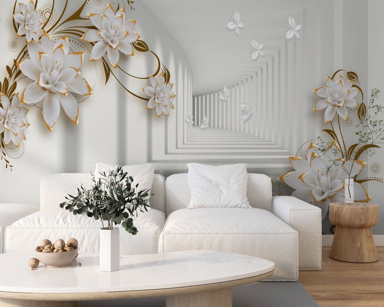 Papier peint élégant couloir dans les tons blancs, décoré de fleurs dorées