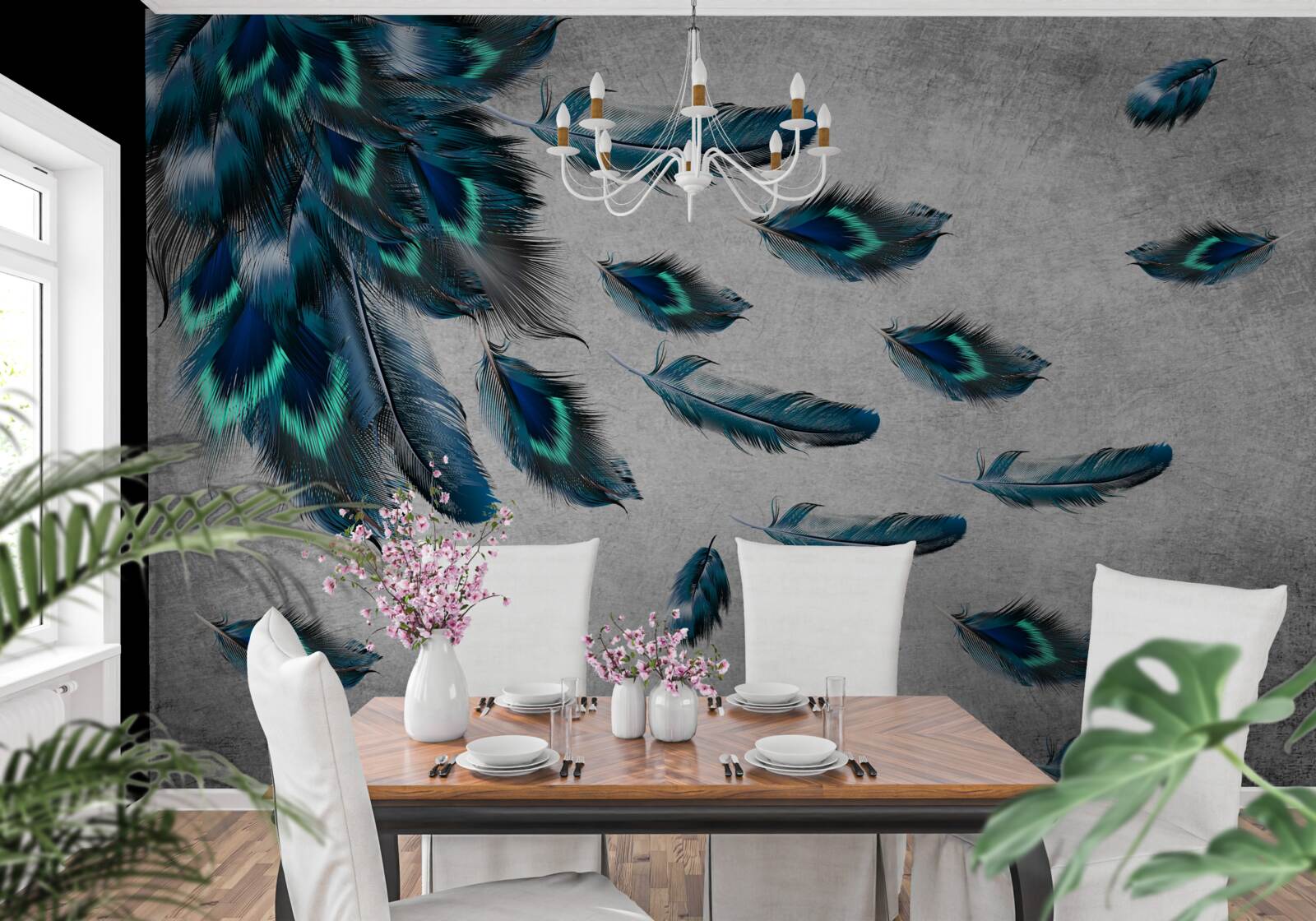 Papier peint plumes de paon qui s'envolent