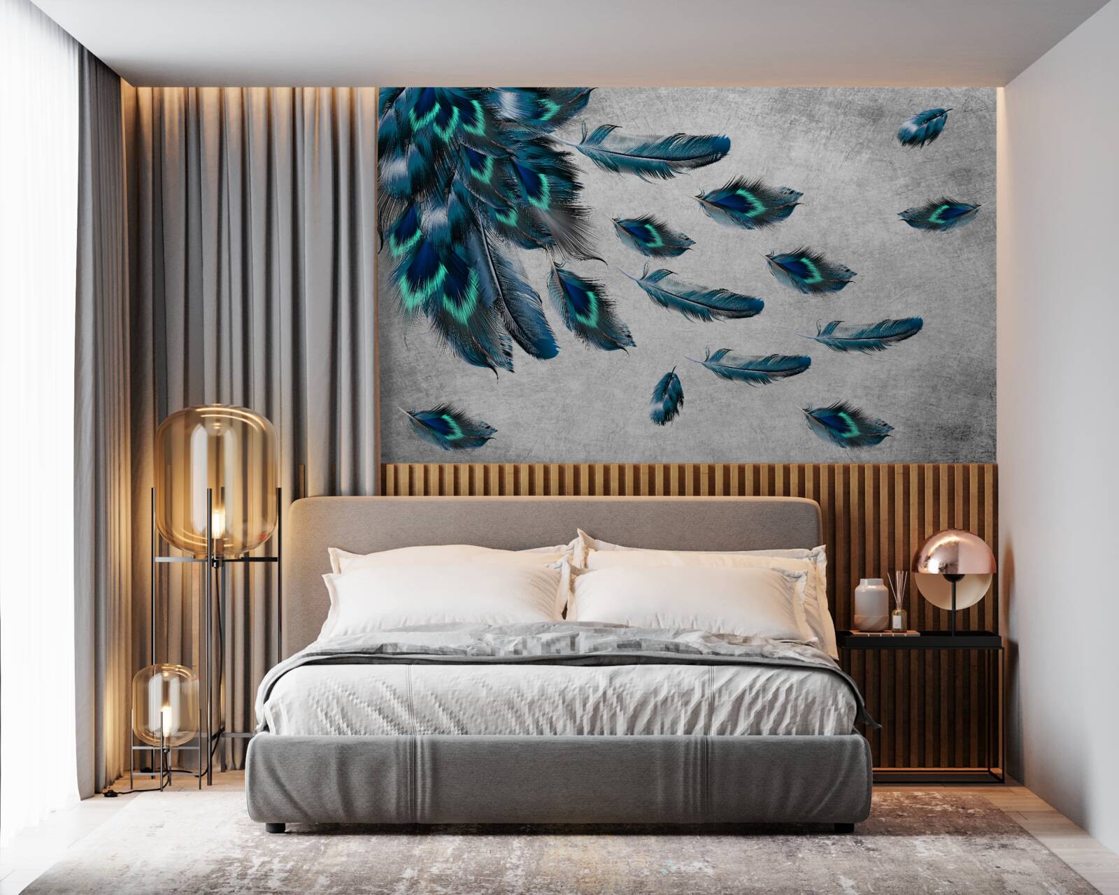 Papier peint plumes de paon qui s'envolent