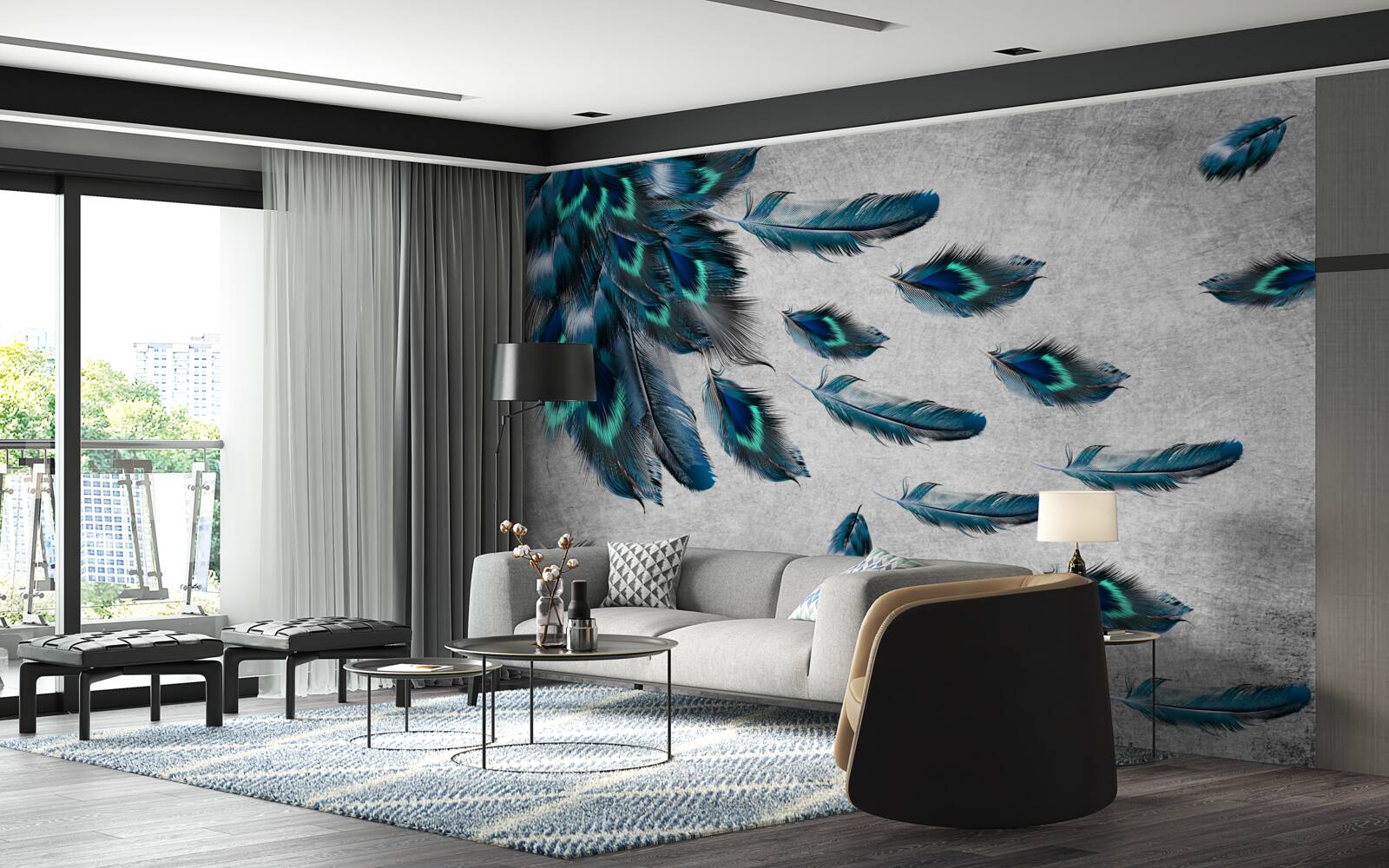 Papier peint plumes de paon qui s'envolent