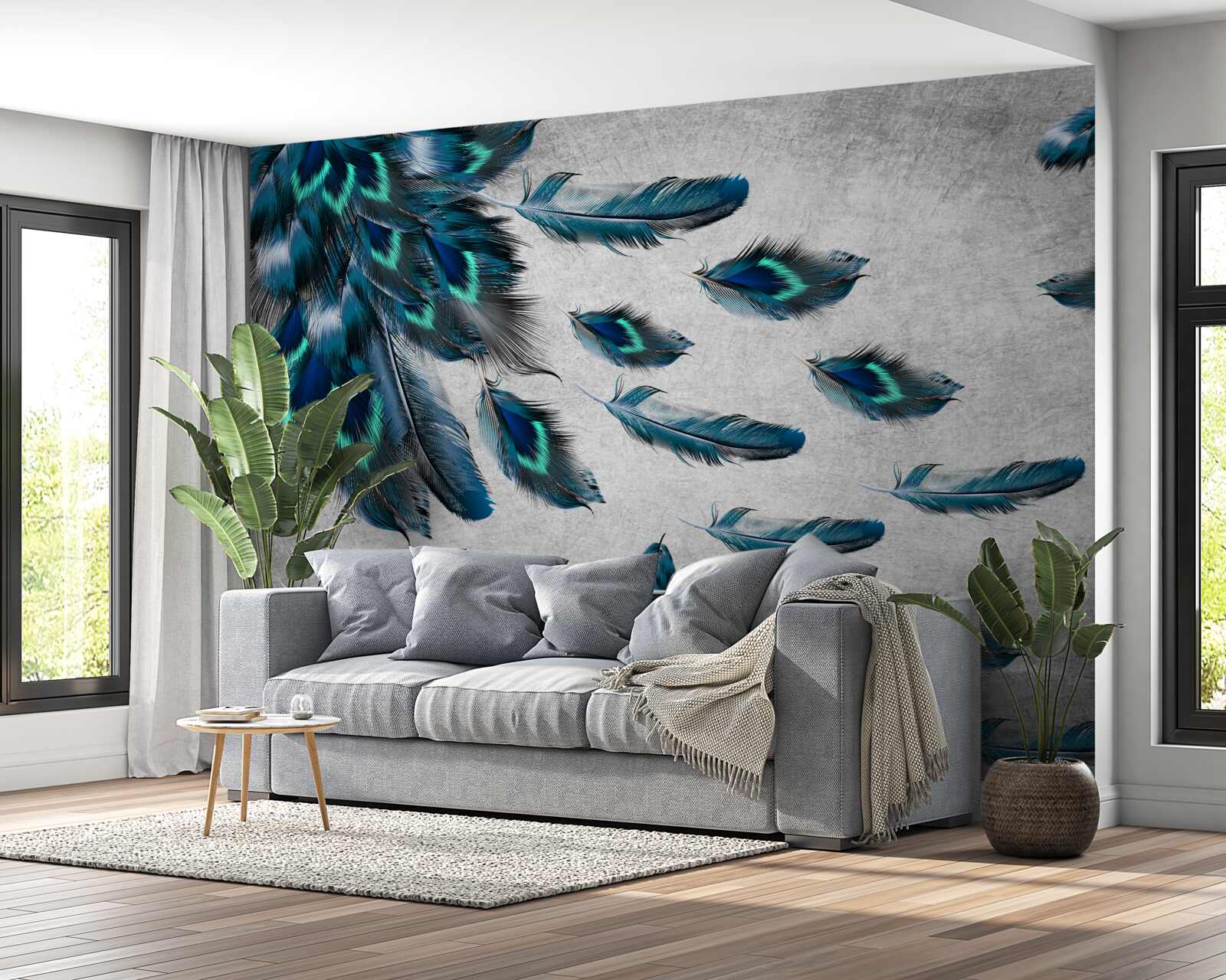 Papier peint plumes de paon qui s'envolent
