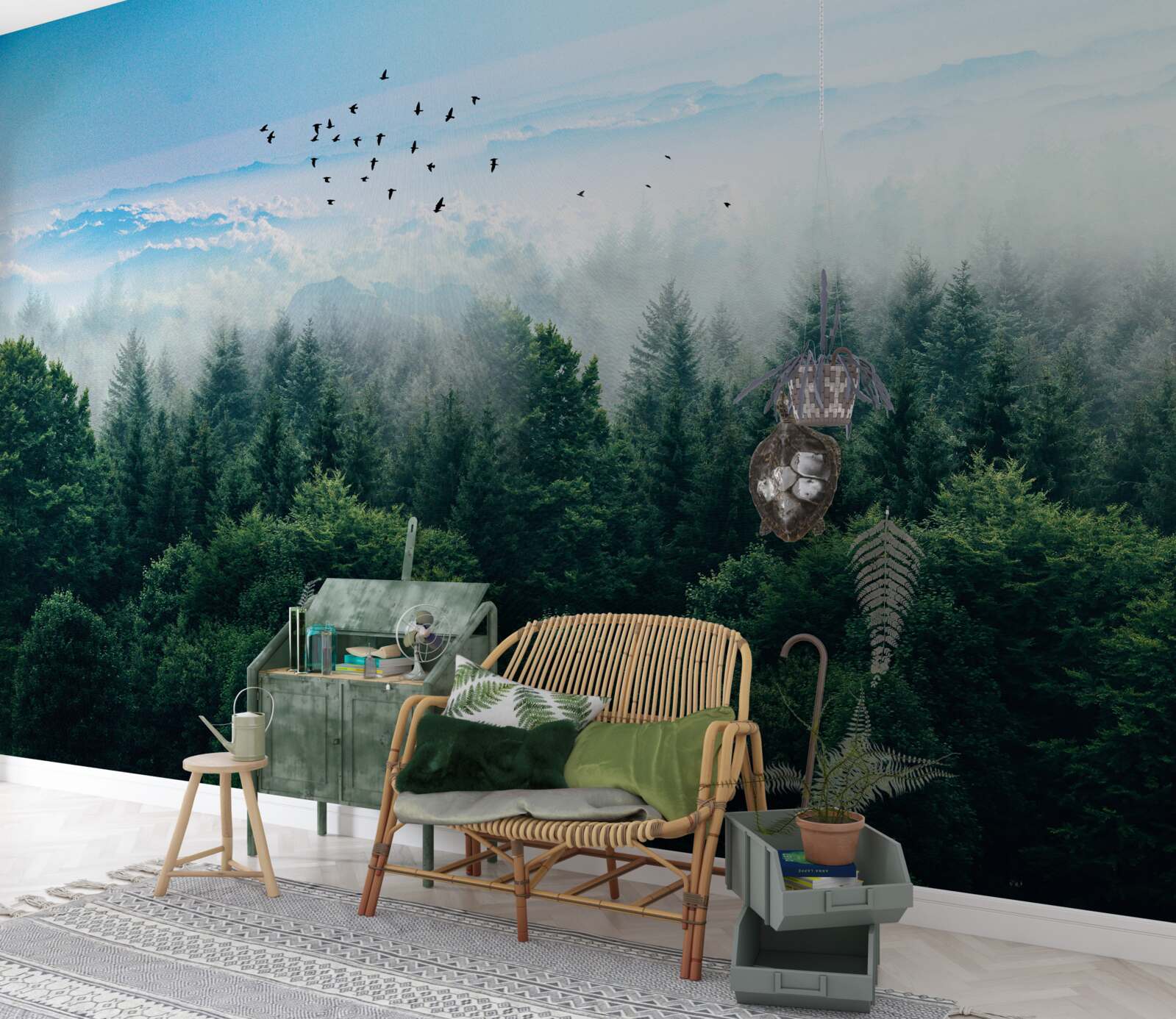 Papier peint les oiseaux planent au-dessus des couronnes des géants de la forêt