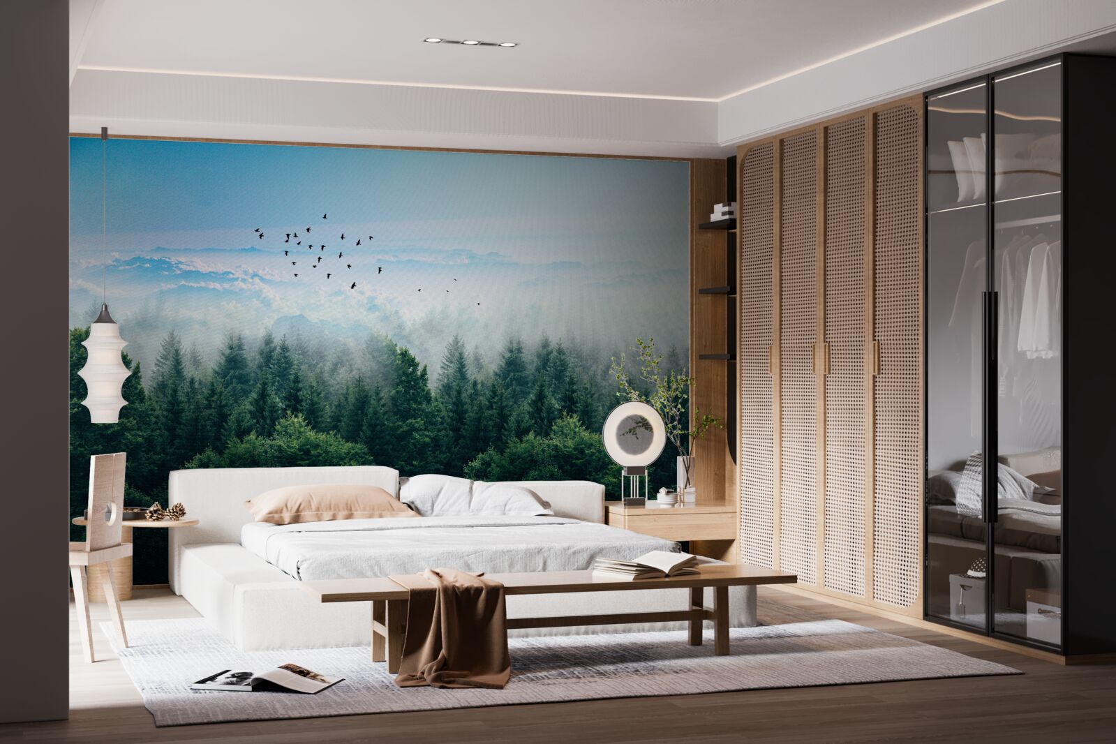 Papier peint les oiseaux planent au-dessus des couronnes des géants de la forêt