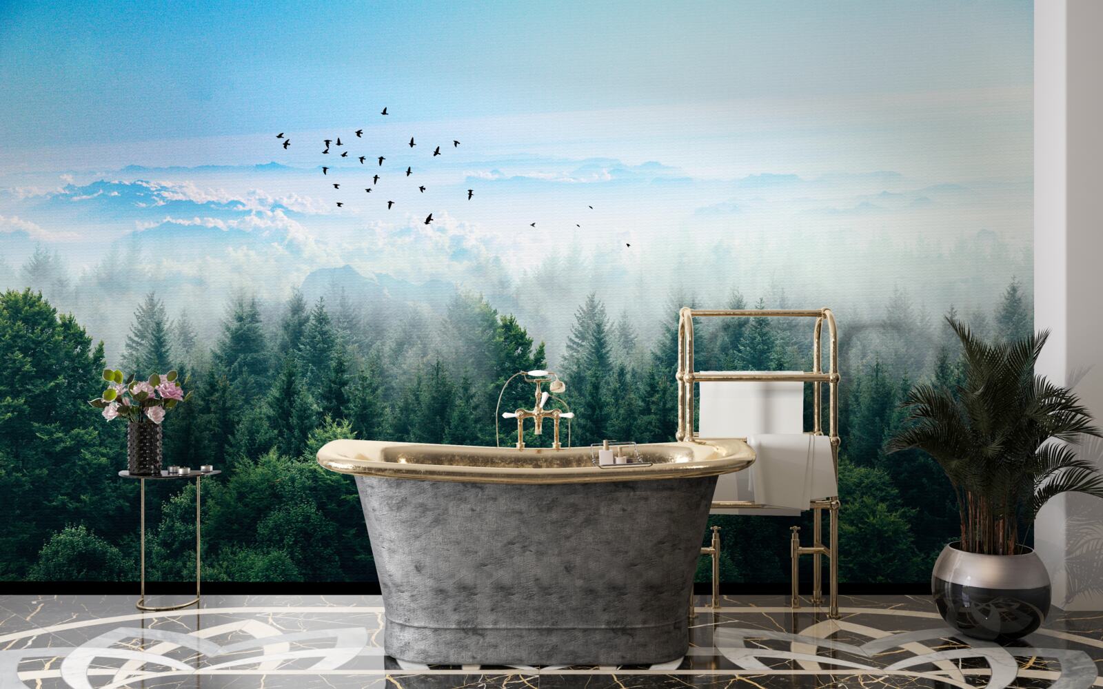 Papier peint les oiseaux planent au-dessus des couronnes des géants de la forêt