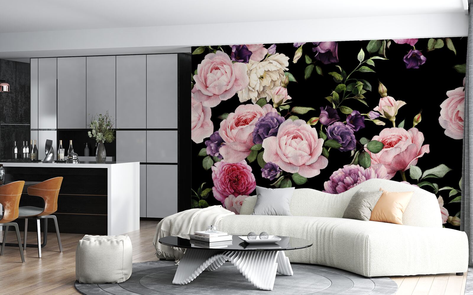 Papier peint grandes roses sur fond noir
