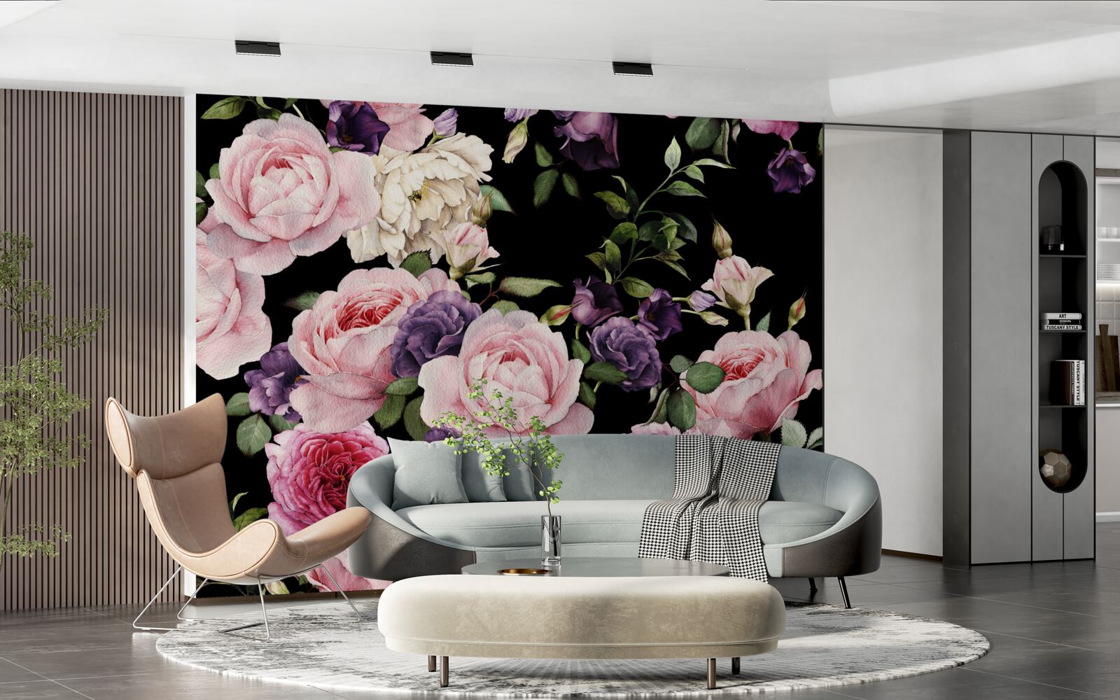 Papier peint grandes roses sur fond noir