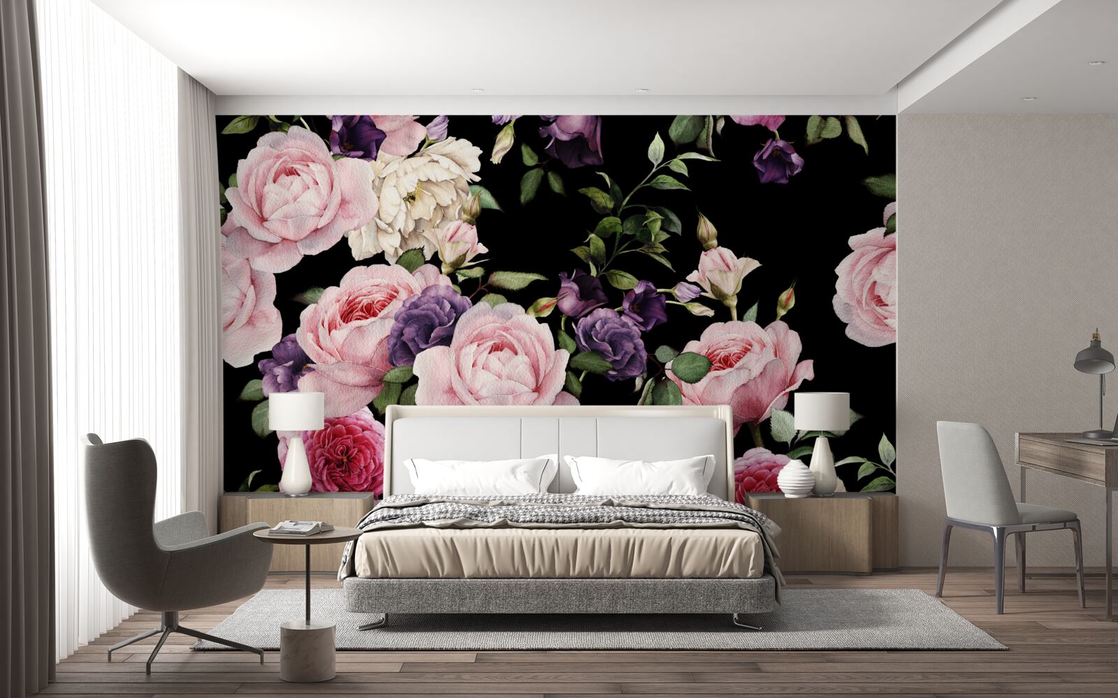 Papier peint grandes roses sur fond noir