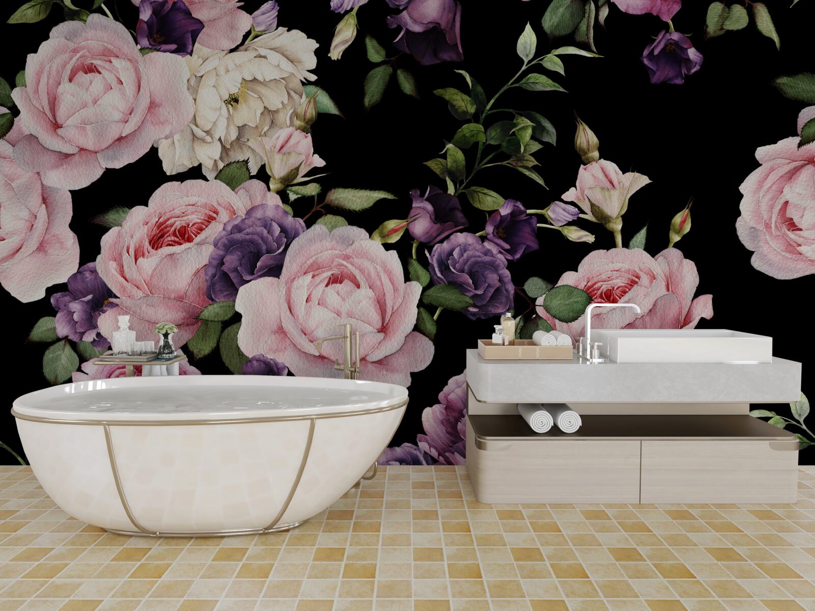 Papier peint grandes roses sur fond noir