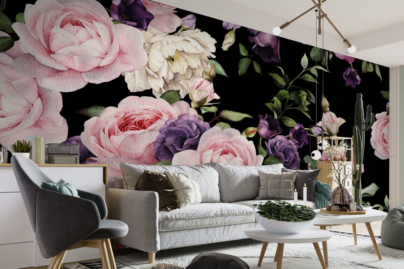Papier peint grandes roses sur fond noir