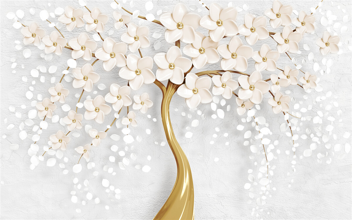 Papier peint un arbre aux teintes dorées avec de charmantes fleurs miniatures