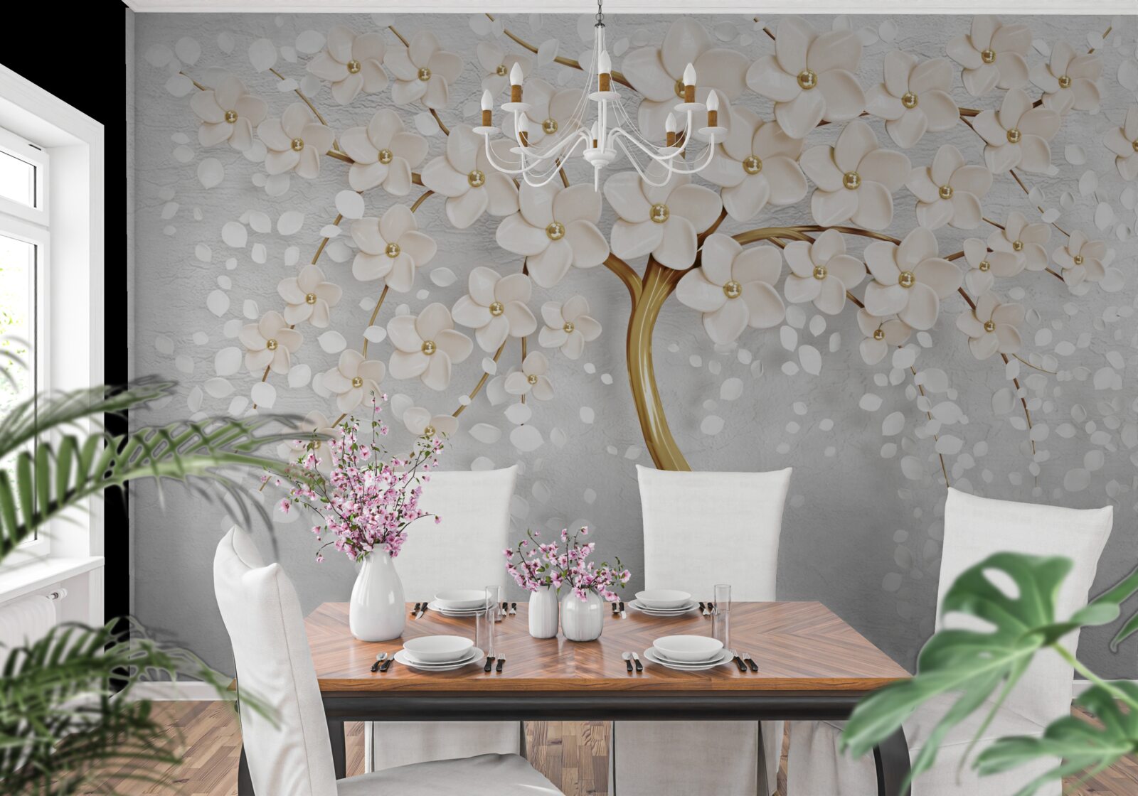 Papier peint un arbre aux teintes dorées avec de charmantes fleurs miniatures