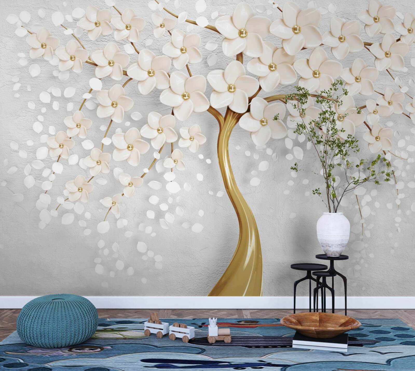 Papier peint un arbre aux teintes dorées avec de charmantes fleurs miniatures