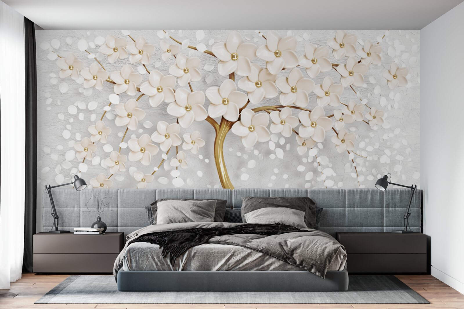 Papier peint un arbre aux teintes dorées avec de charmantes fleurs miniatures