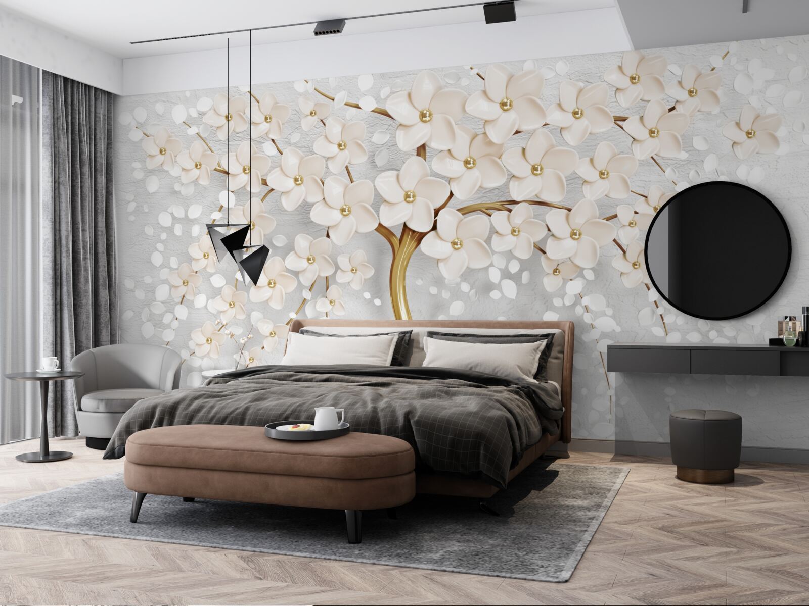 Papier peint un arbre aux teintes dorées avec de charmantes fleurs miniatures