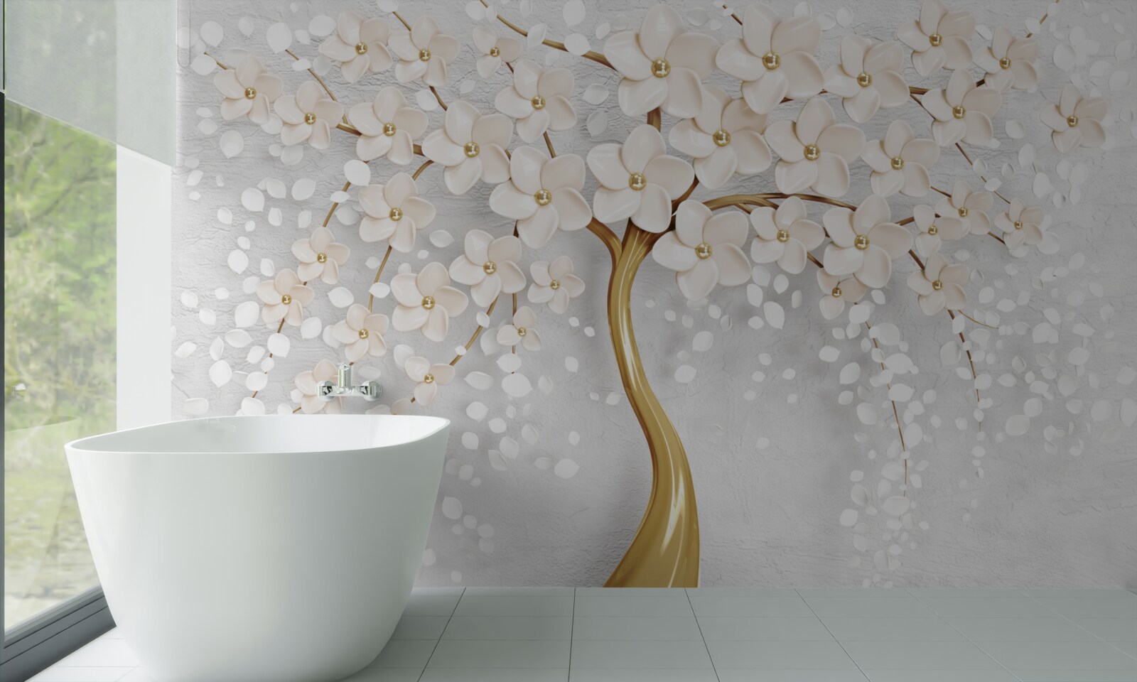 Papier peint un arbre aux teintes dorées avec de charmantes fleurs miniatures