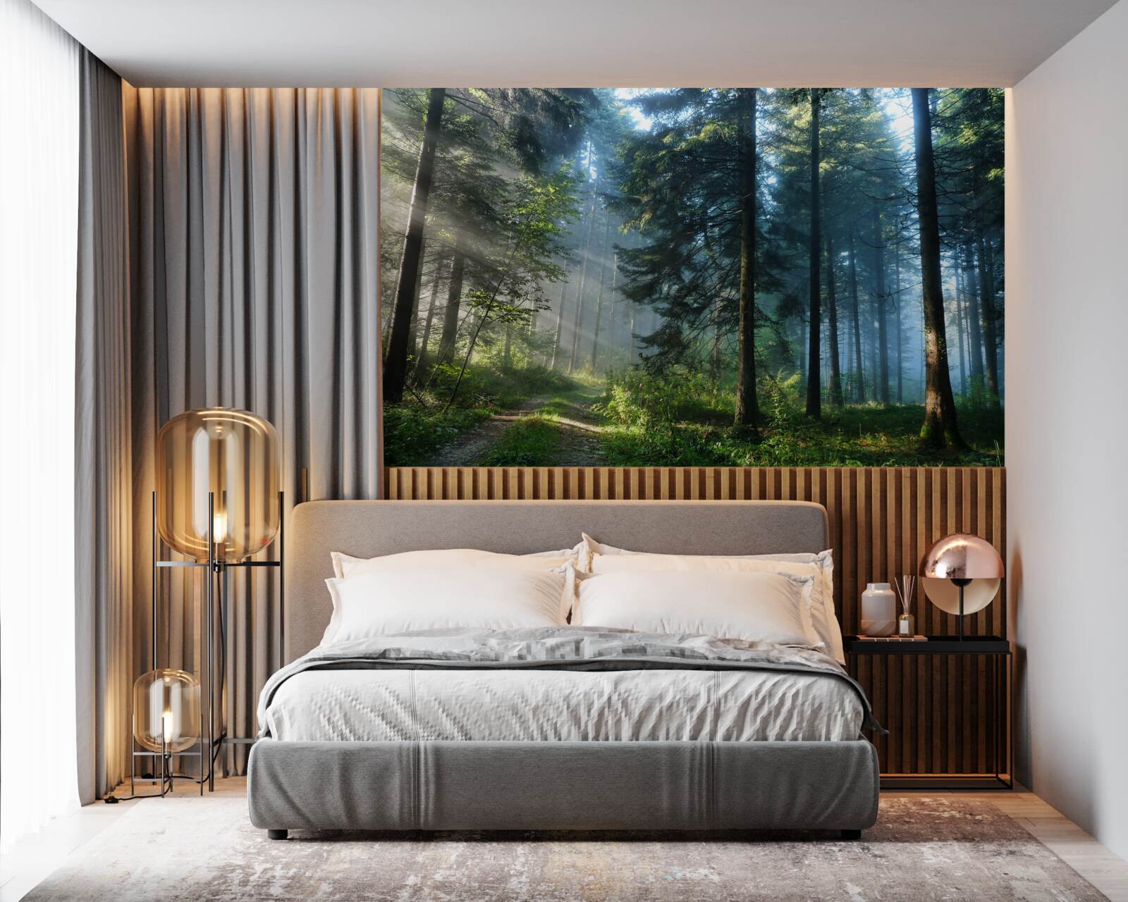 Papier peint Un chemin dans une forêt brumeuse