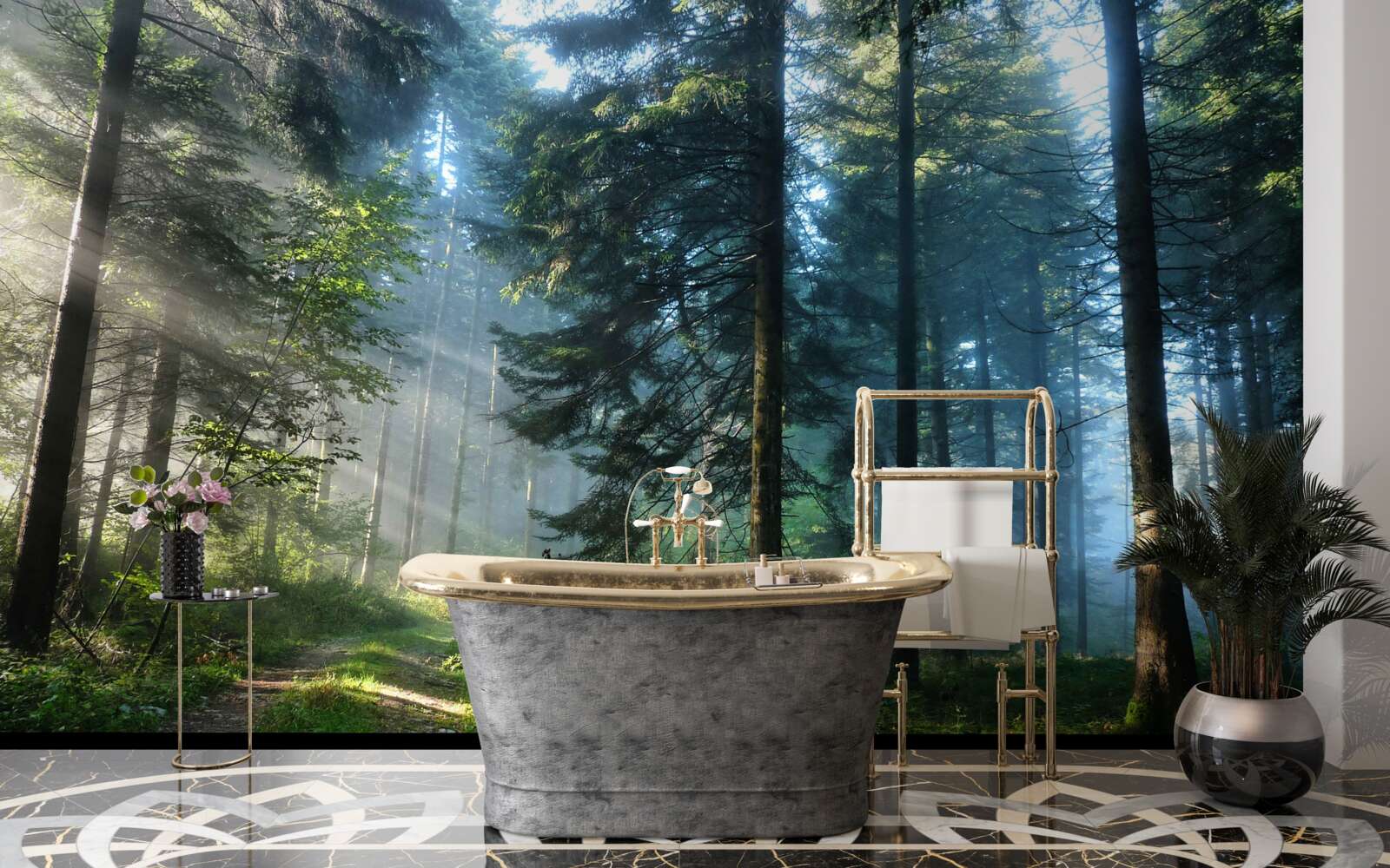 Papier peint Un chemin dans une forêt brumeuse