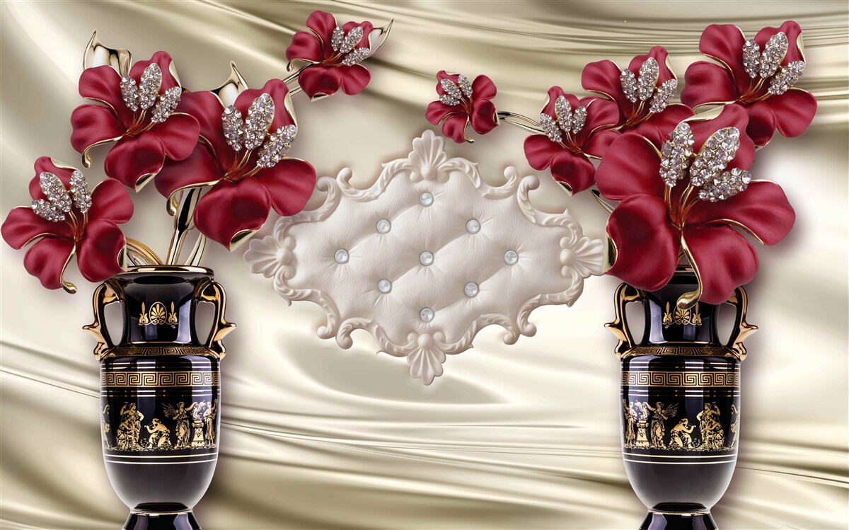 Papier peint vases noirs avec lys rouges