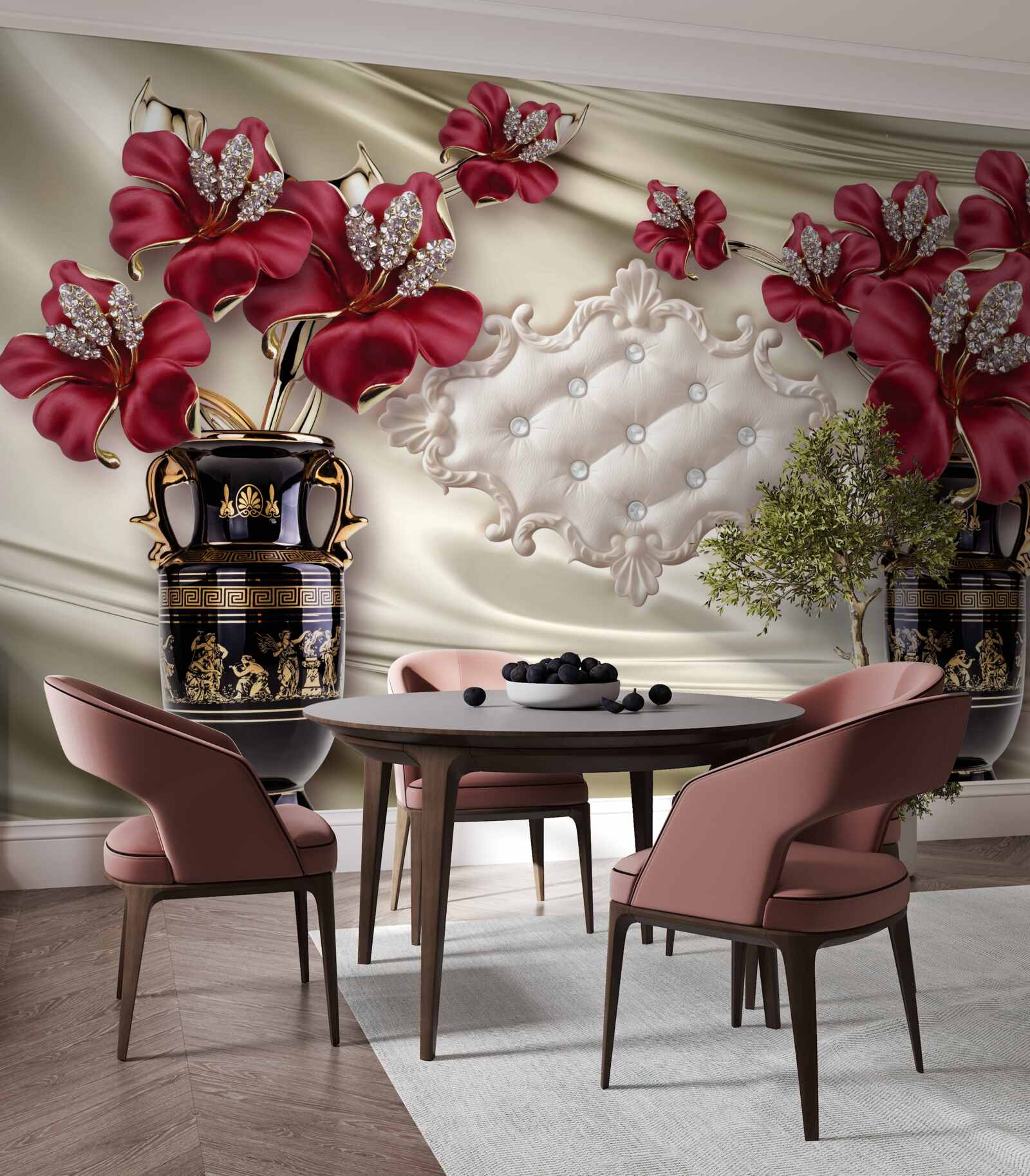 Papier peint vases noirs avec lys rouges