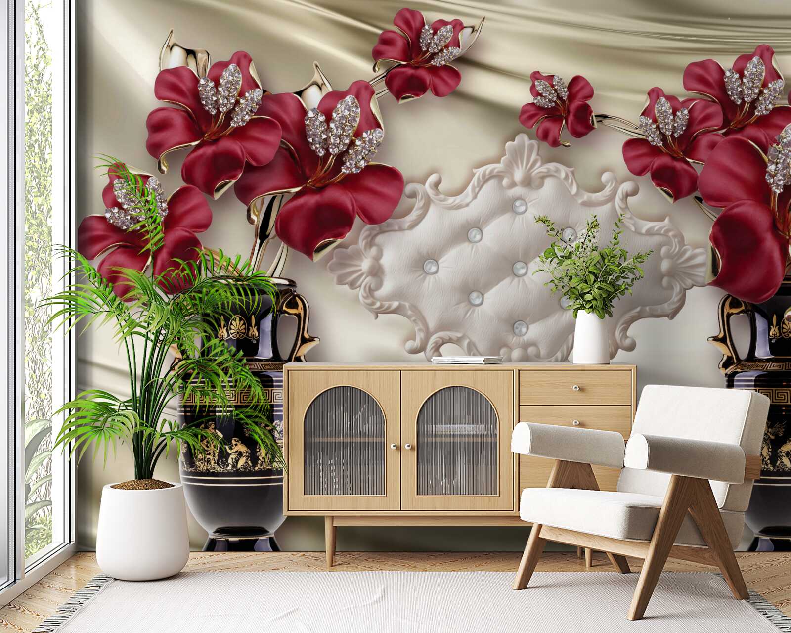 Papier peint vases noirs avec lys rouges