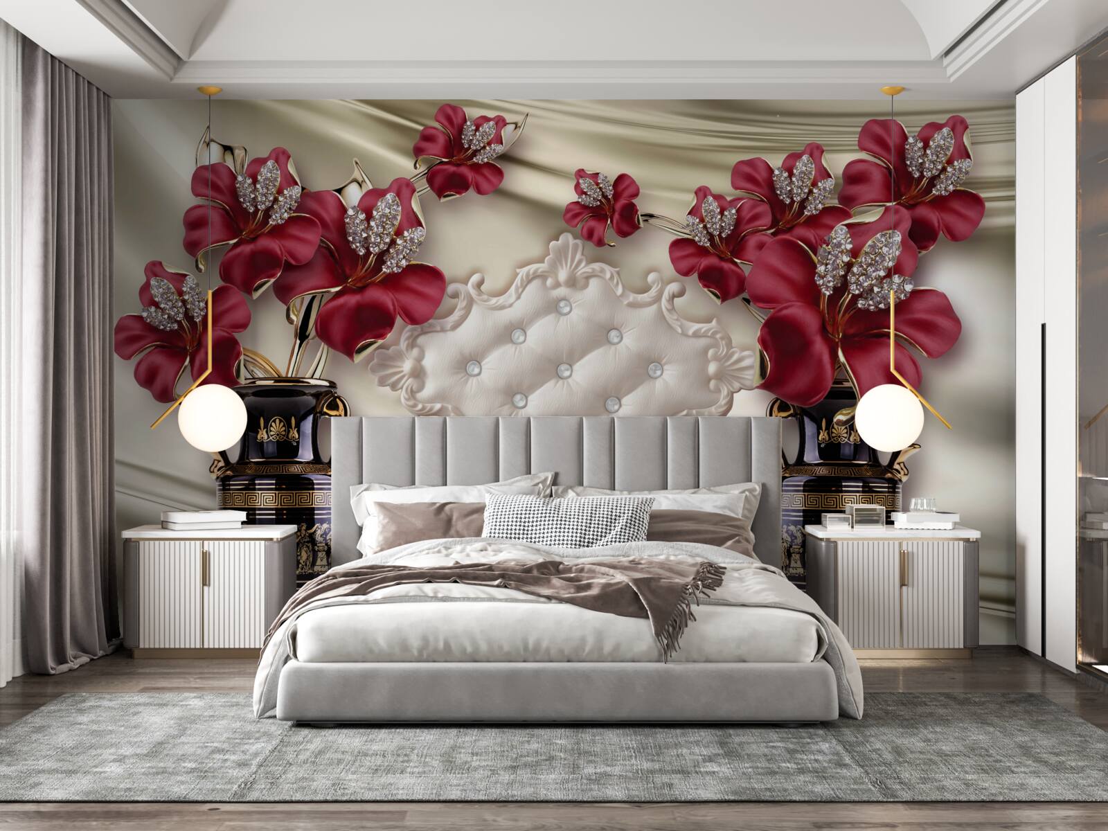 Papier peint vases noirs avec lys rouges