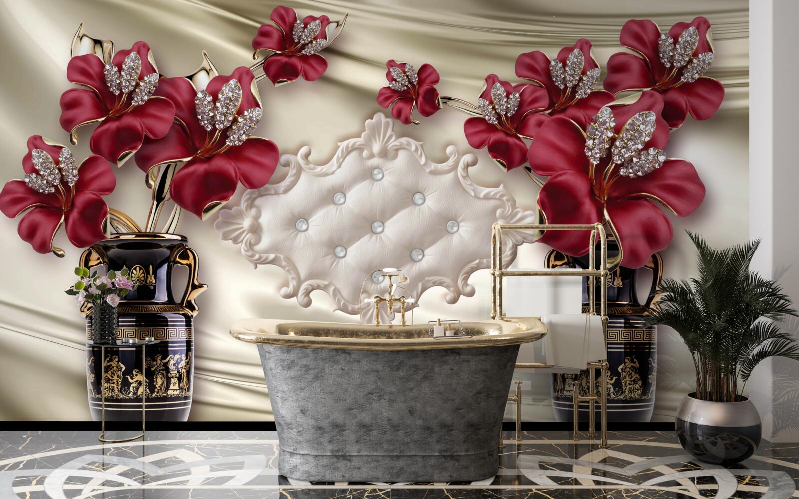 Papier peint vases noirs avec lys rouges