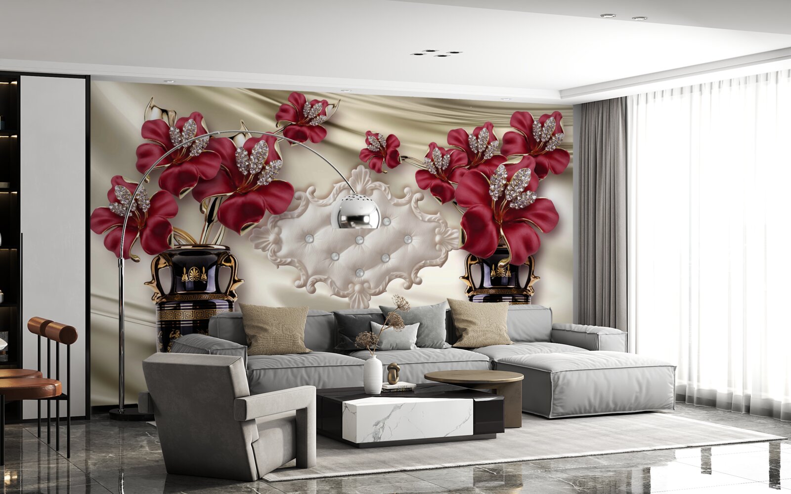 Papier peint vases noirs avec lys rouges