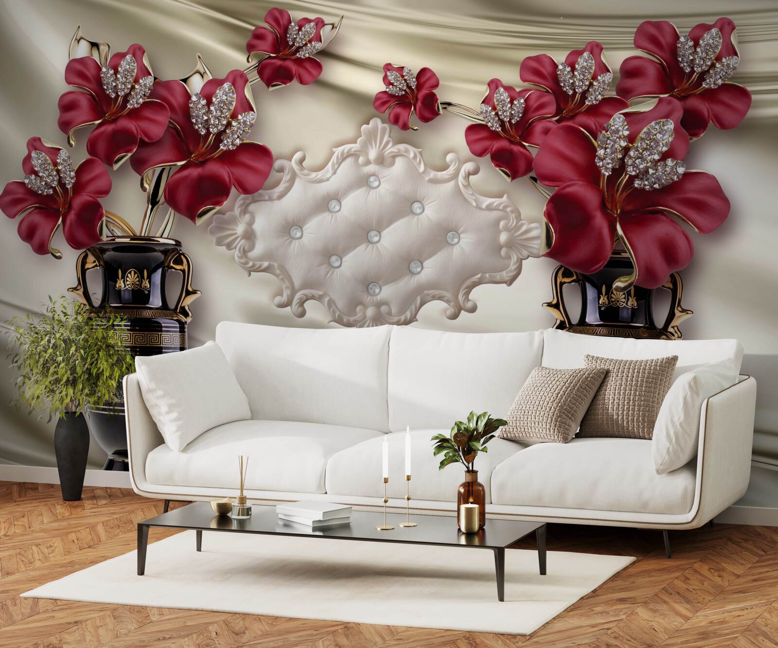 Papier peint vases noirs avec lys rouges