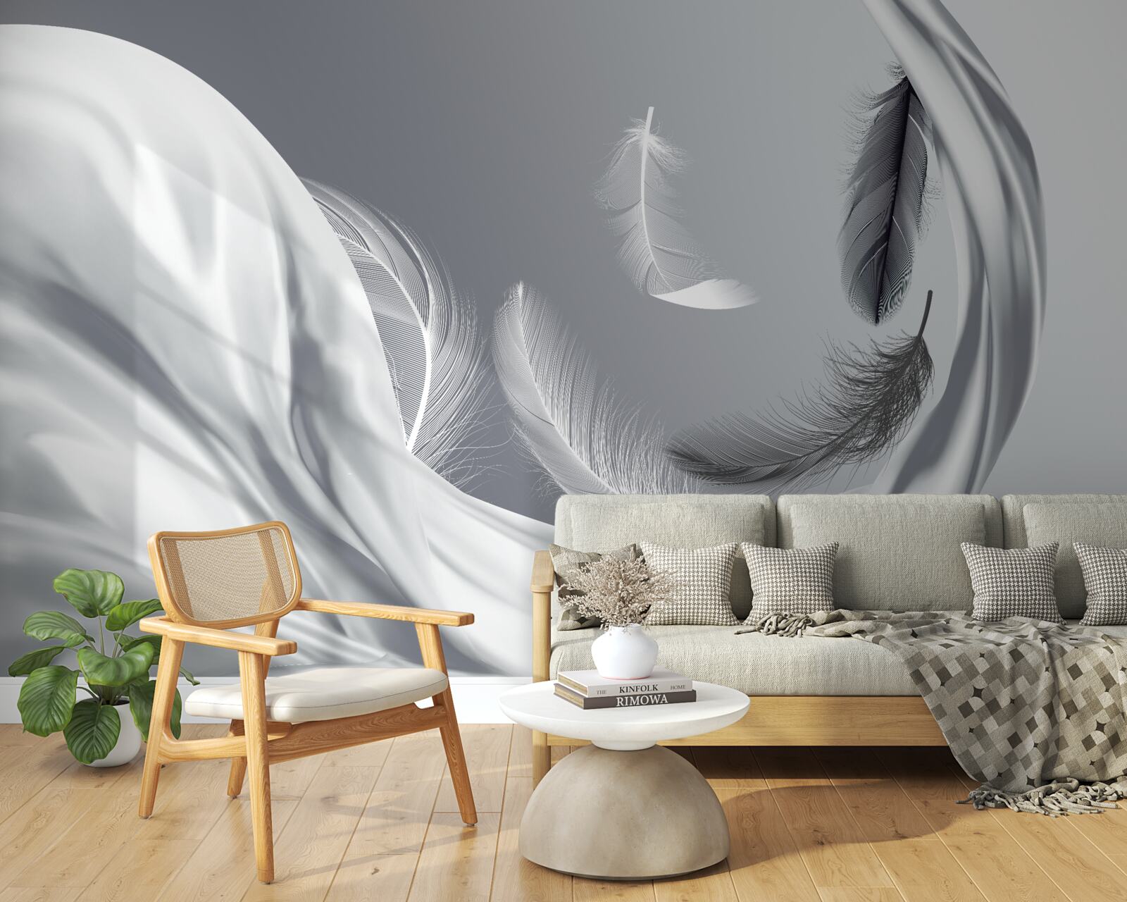 Papier peint plumes torsadées d'un blanc brillant