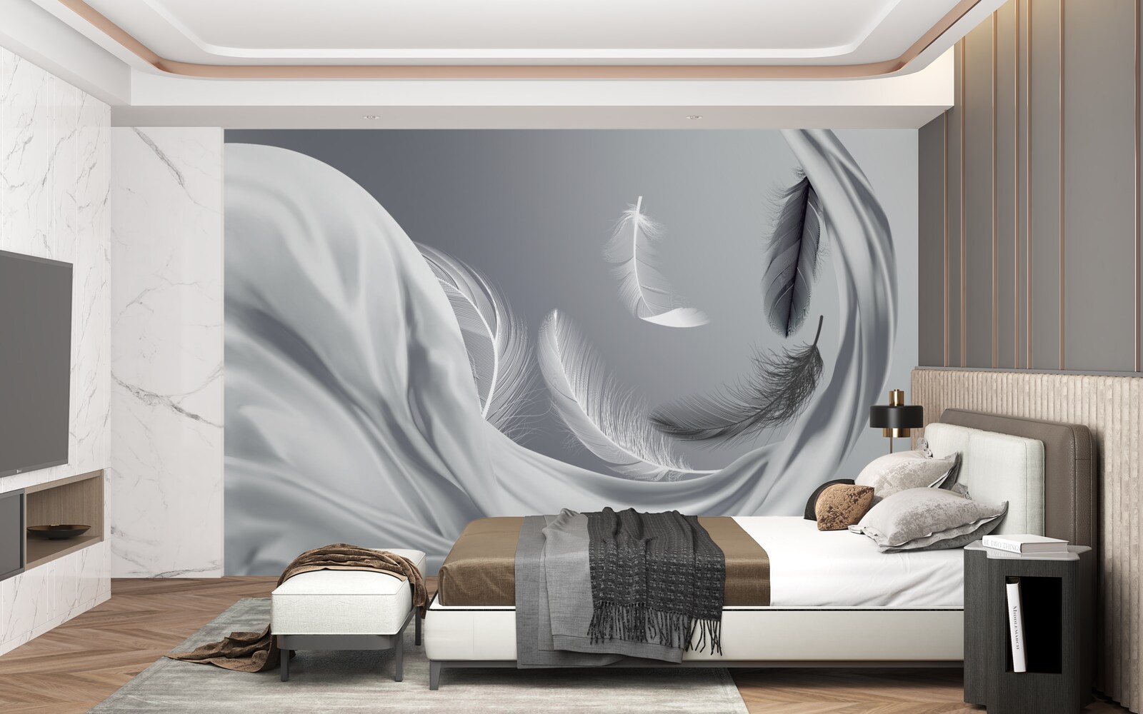 Papier peint plumes torsadées d'un blanc brillant