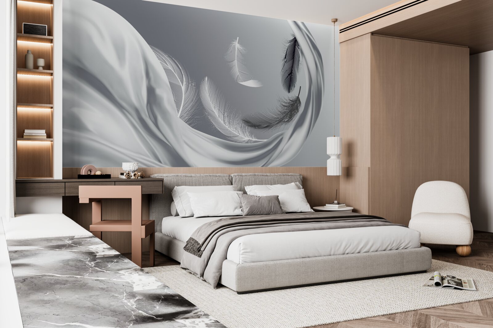 Papier peint plumes torsadées d'un blanc brillant