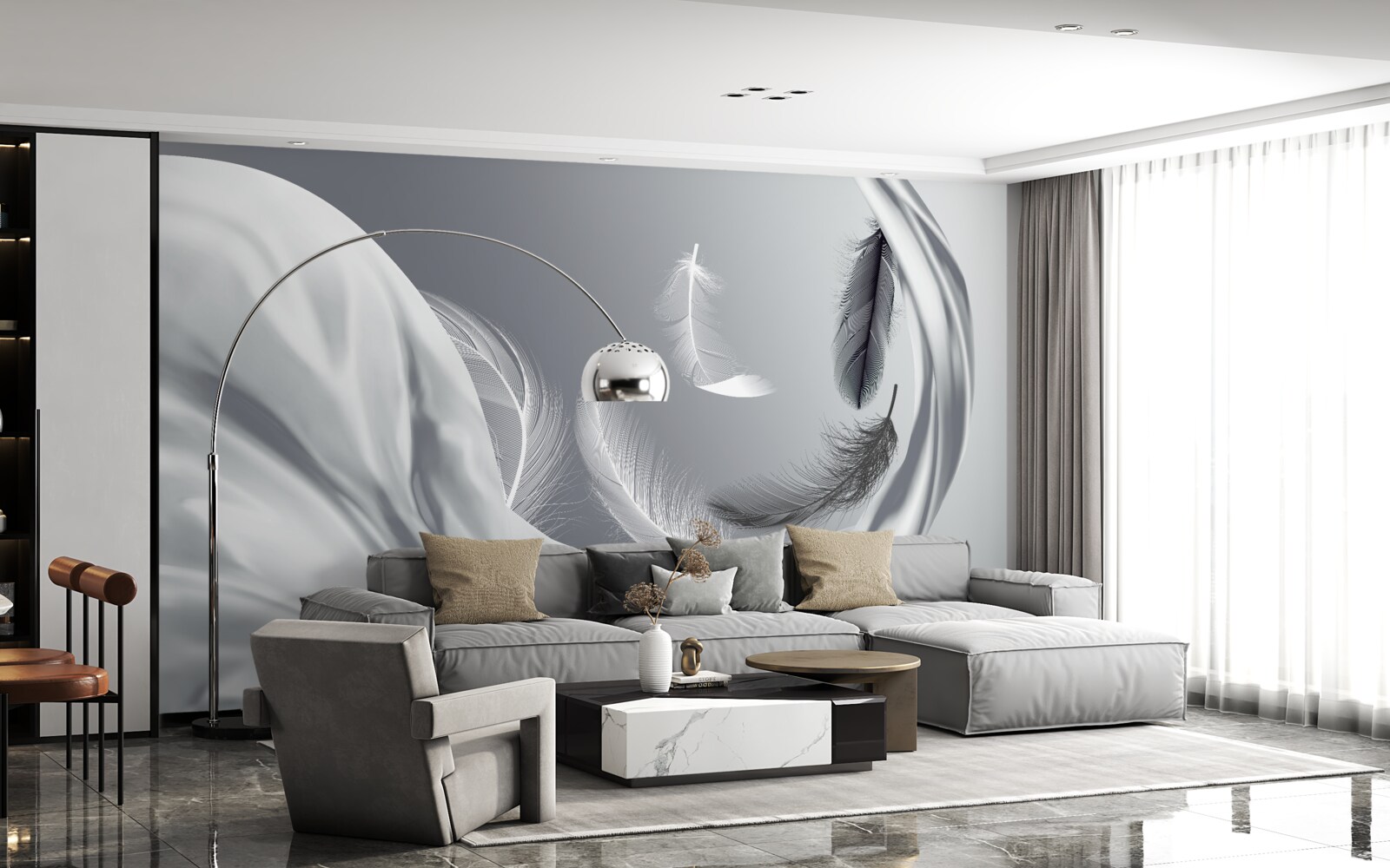 Papier peint plumes torsadées d'un blanc brillant