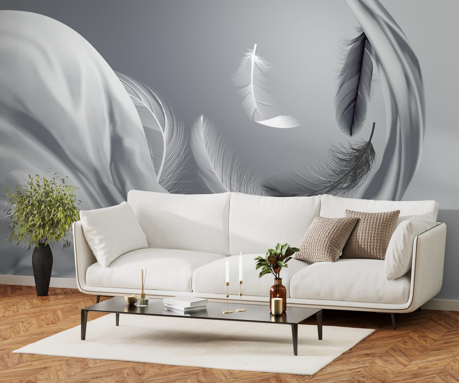 Papier peint plumes torsadées d'un blanc brillant