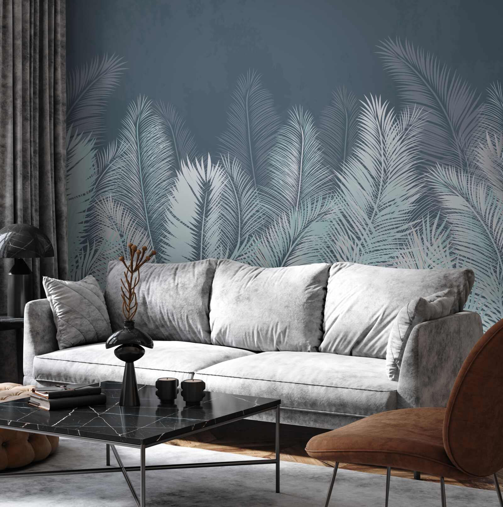 Papier peint élégantes feuilles turquoises