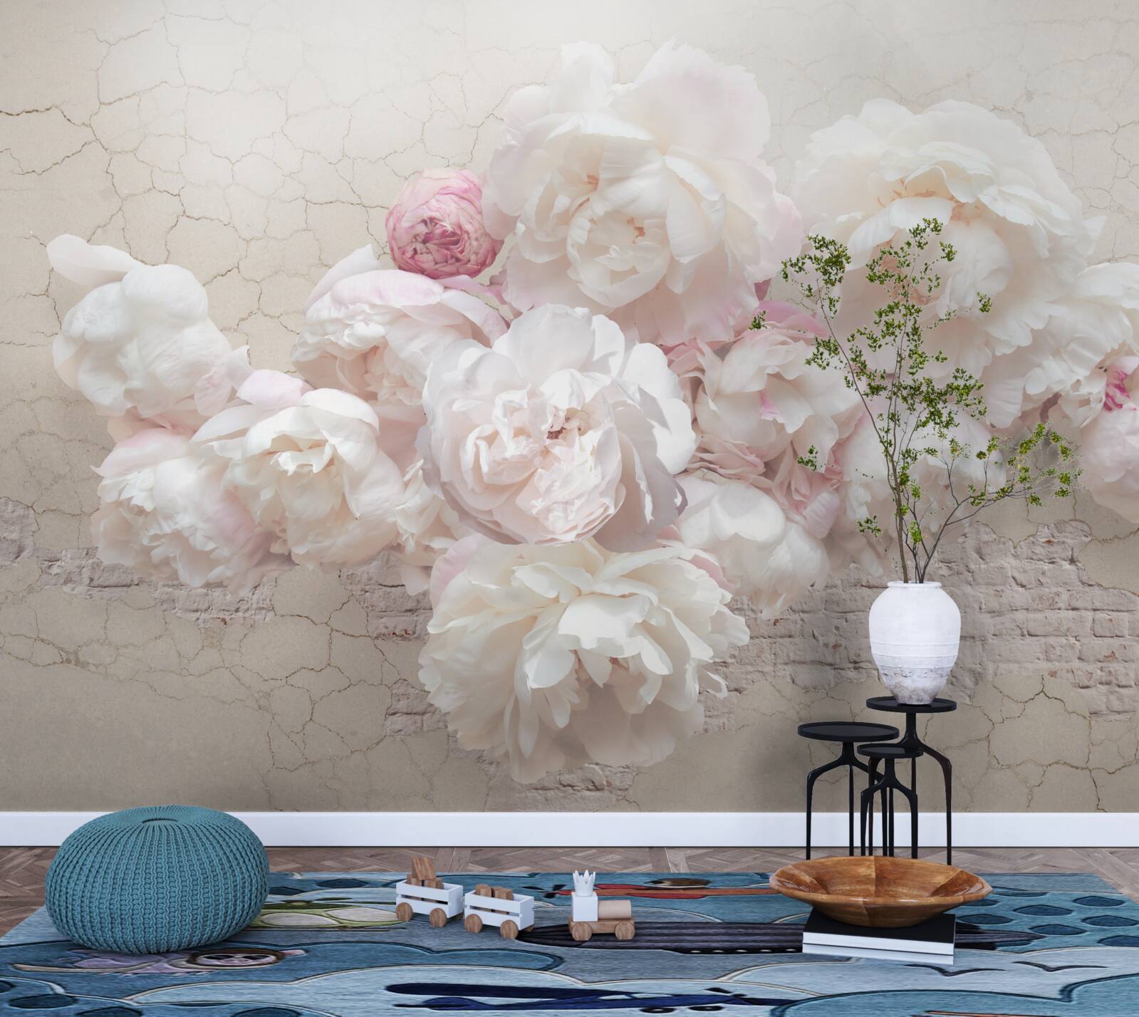 Papier peint pivoines douces en blanc et rose